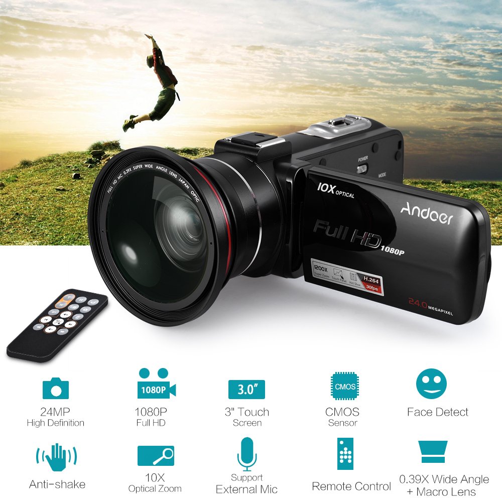 Andoer 1080P HD 24MP Digital Video Camera Camcorder with 0.39X Wide Angle Lens & Macro Lens, 3