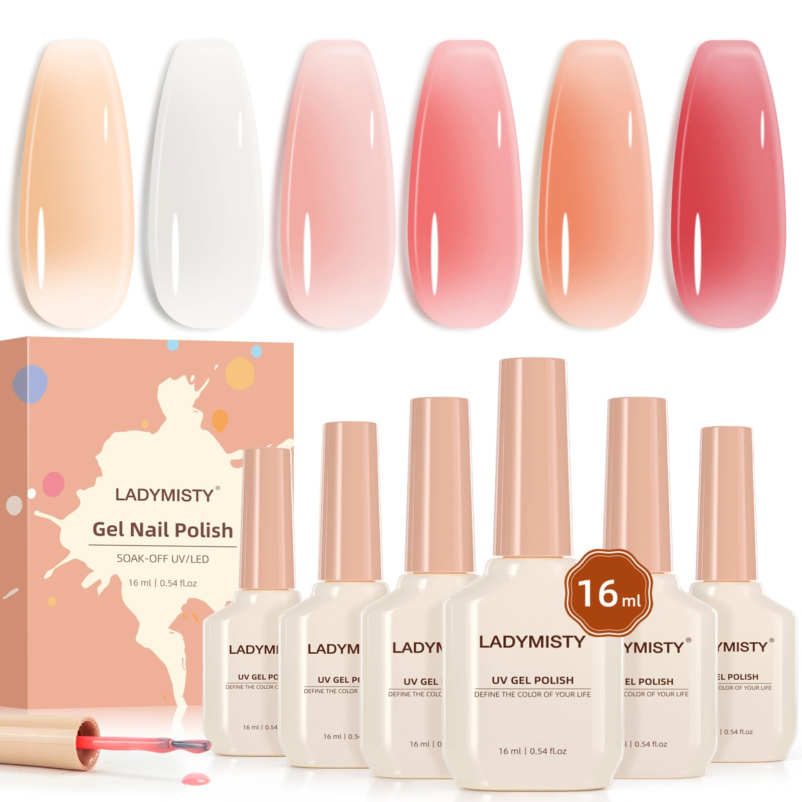 6 Pcs 16ML Jelly Nail Polish Set - Soak Off Gel Polish in Milky White, Nude Pink & Orange Shades - DIY Nail Art Manicure Kit for Women - Perfect for Salon, Home Use & Gift Giving