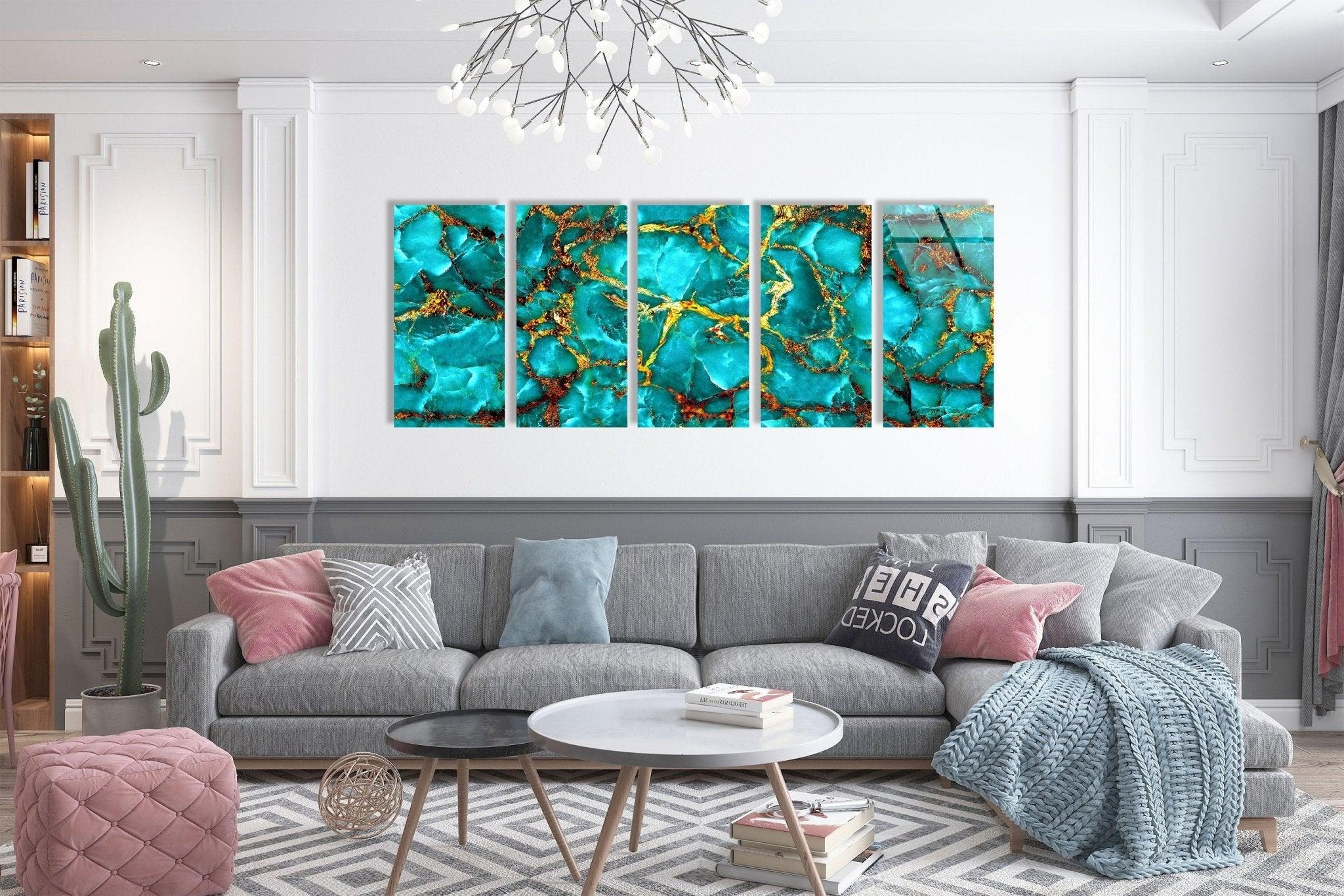 Abstract Glass Wall Art in Aqua Blue with Gold Veins - Modern Home Decor for Living Room, Bedroom & Office