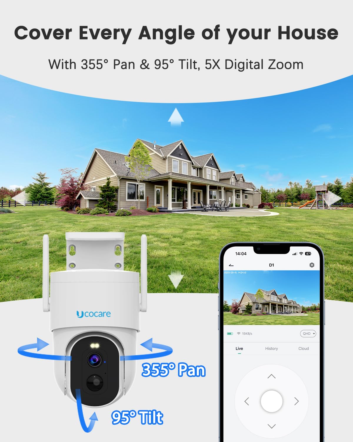 4MP QHD Wireless Solar Security Camera Outdoor - 360° View, 5W Solar Panel, 15000mAh Battery, 30m Color Night Vision, Smart Human Detection, 2-Way Talk, IP66 Weatherproof - Ideal for Home, Yard, and Business Surveillance