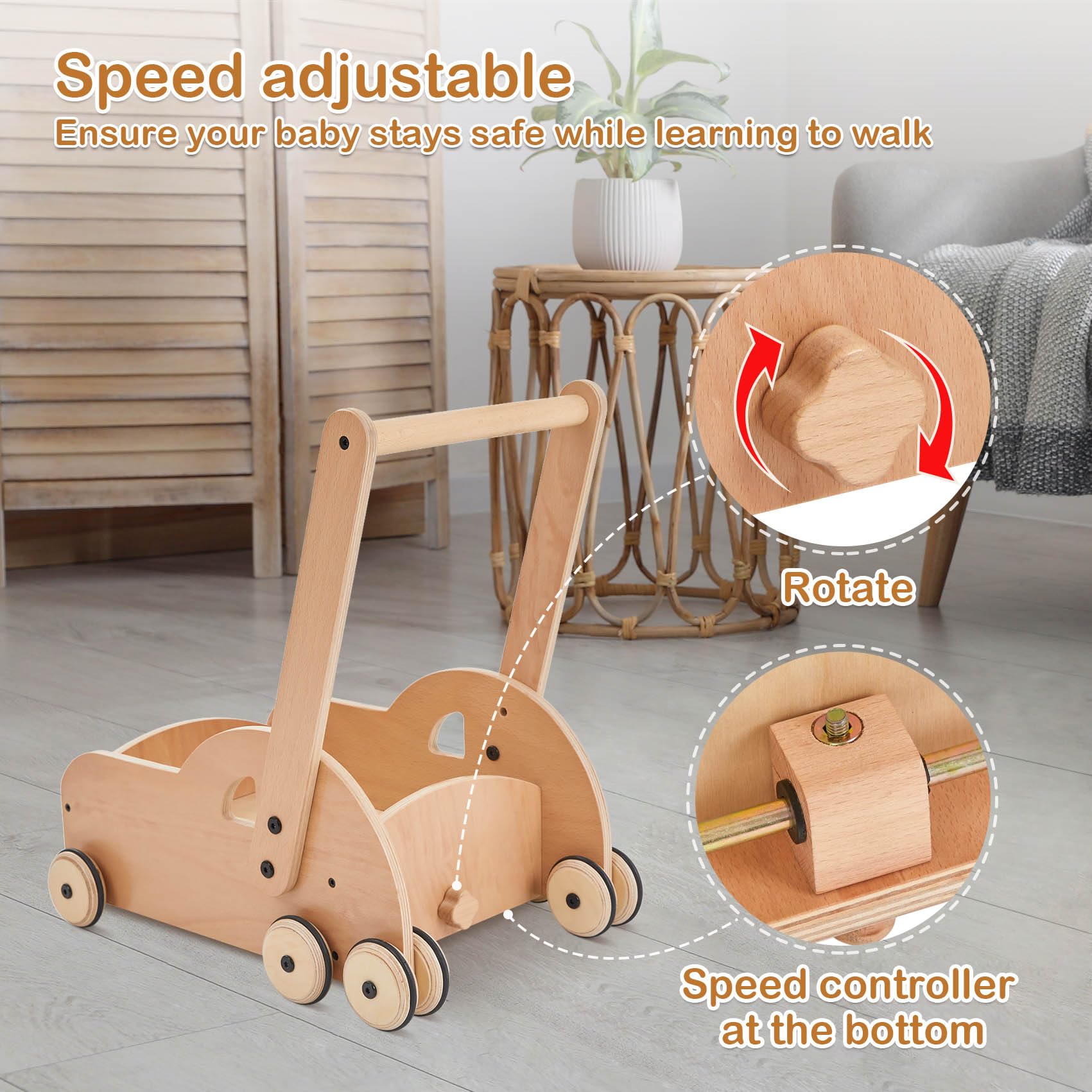 Wooden Baby Walker for Toddlers - Natural Wood Learning Push Toy for 1-2 Year Olds - Perfect for First Steps & Early Walking Development - Safe & Sturdy Baby Walker for Home & Playroom Use