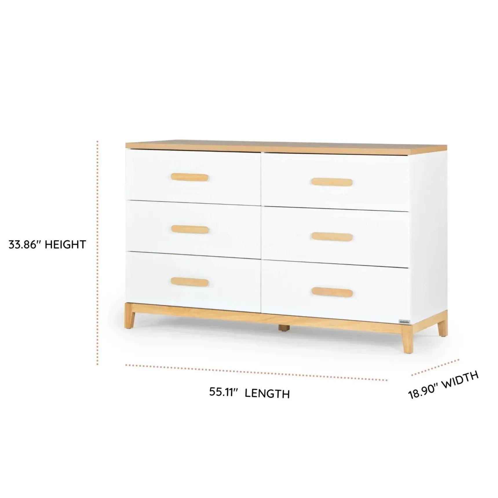 Dadada Lala Big Six Drawer Dresser - White & Red Oak Wooden Chest for Bedroom Storage | Perfect for Nursery, Kids Room or Guest Room Organization