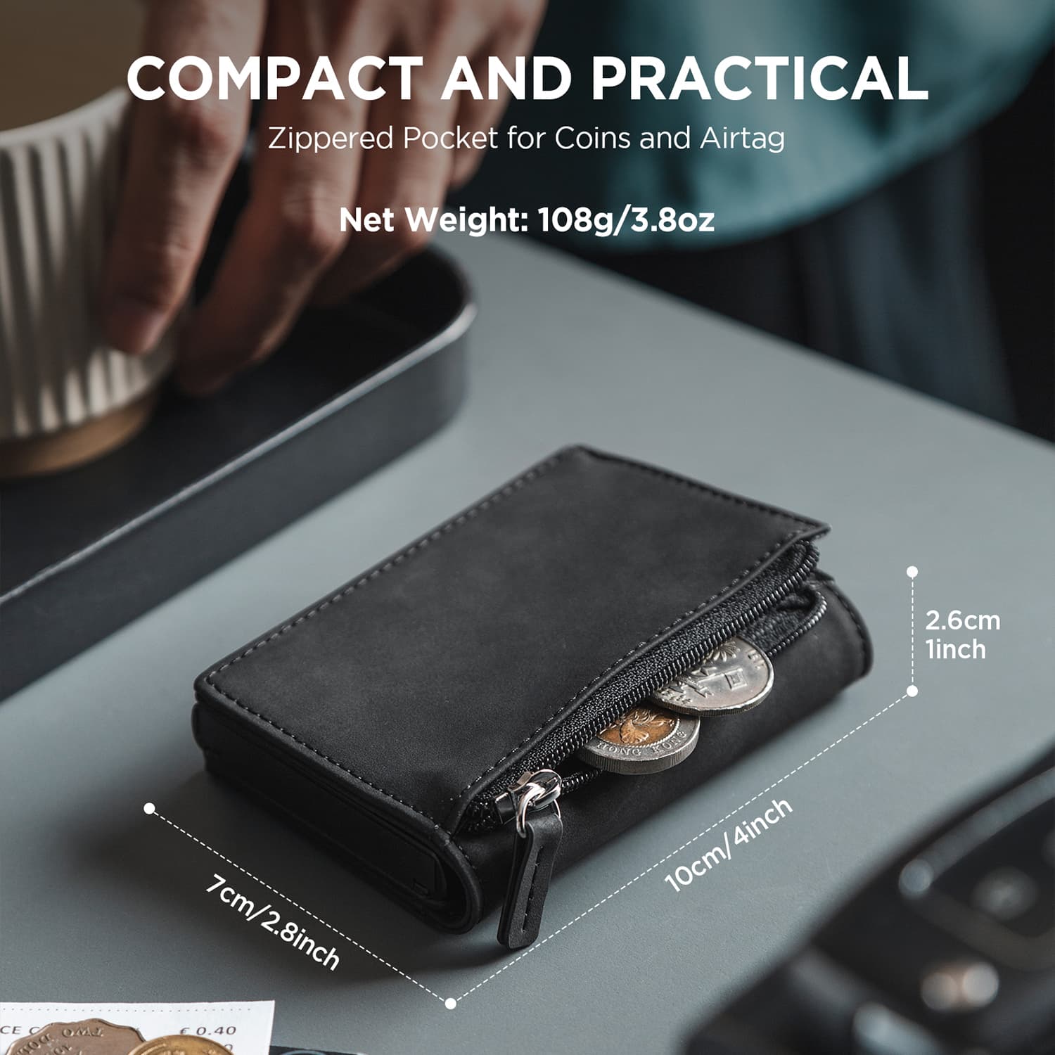 VC502 RFID Blocking Card Holder with Card Ejector - Slim Wallet with Zipper Coin Pocket, ID Window & Magnetic Closure - Perfect for Travel, Business & Everyday Use
