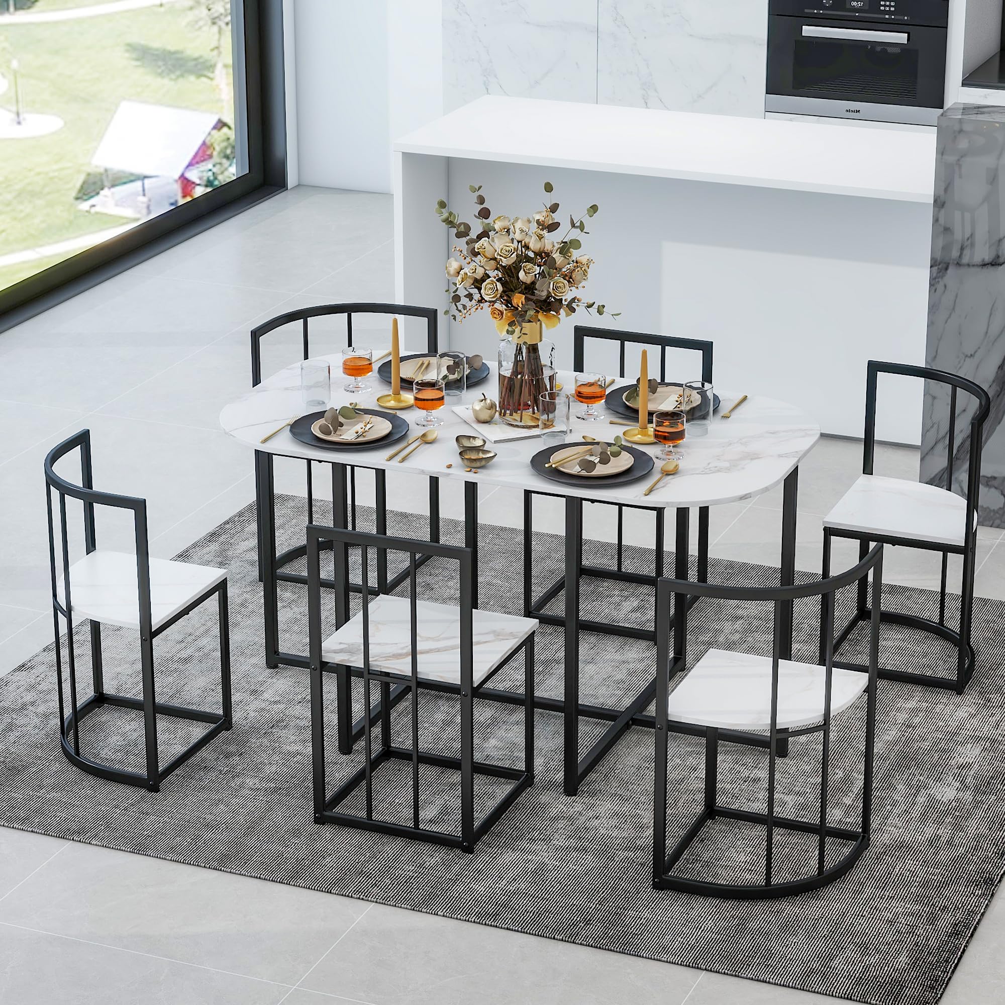 Modern 7-Piece Dining Table Set with Faux Marble Top - LZ LEISURE ZONE Compact Kitchen Table & 6 Chairs in Black & White - Perfect for Small Spaces, Apartments, and Contemporary Dining Rooms