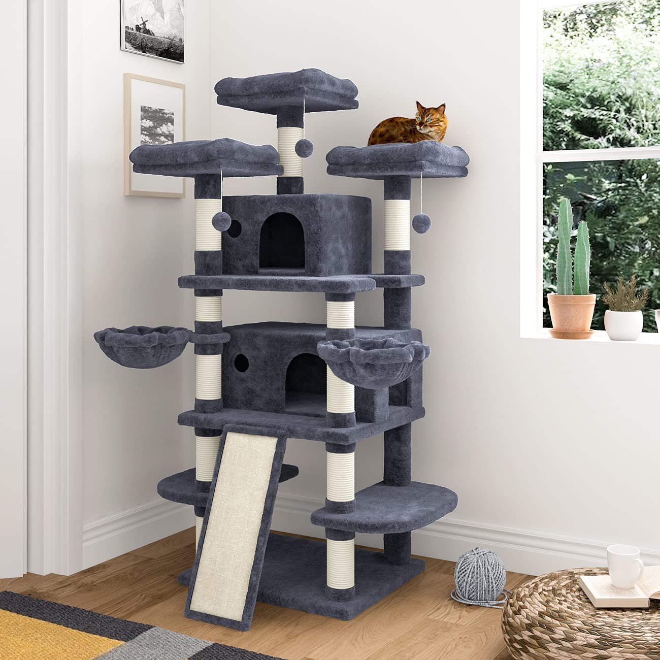 IMUsee 68 Inches Multi-Level Large Cat Tree for Big Cats - Sturdy Cat Tower with Condo, Plush Perches, Sisal Scratching Posts & Hammocks - Feline Activity Center & Playhouse in Smoky Grey - Perfect for Indoor Cats & Large Breed Kitties