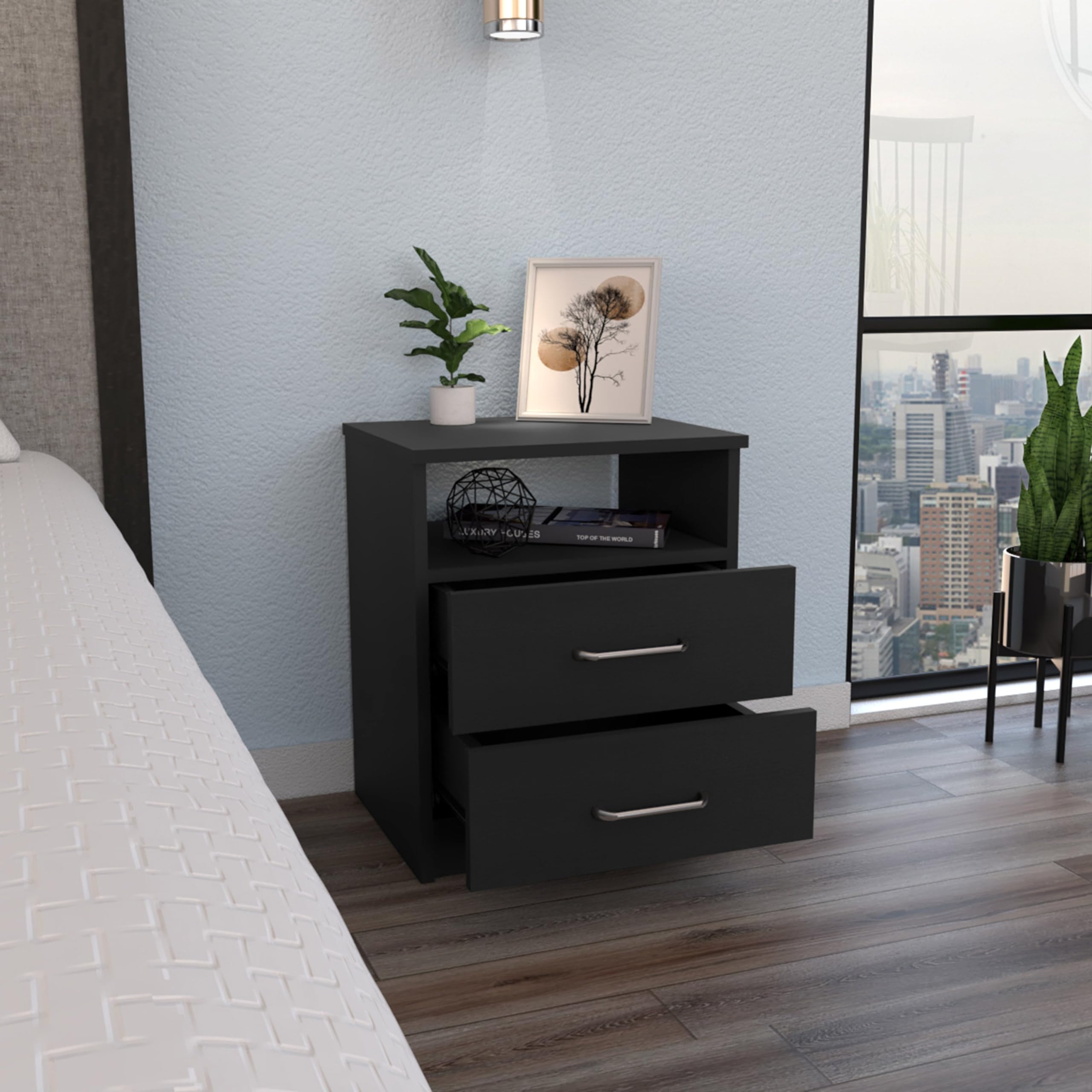 Tuhome Napoles Nightstand with Superior Top - 2 Drawers & 1 Shelf, Black - Perfect for Bedroom, Guest Room, or Dorm Furniture Storage