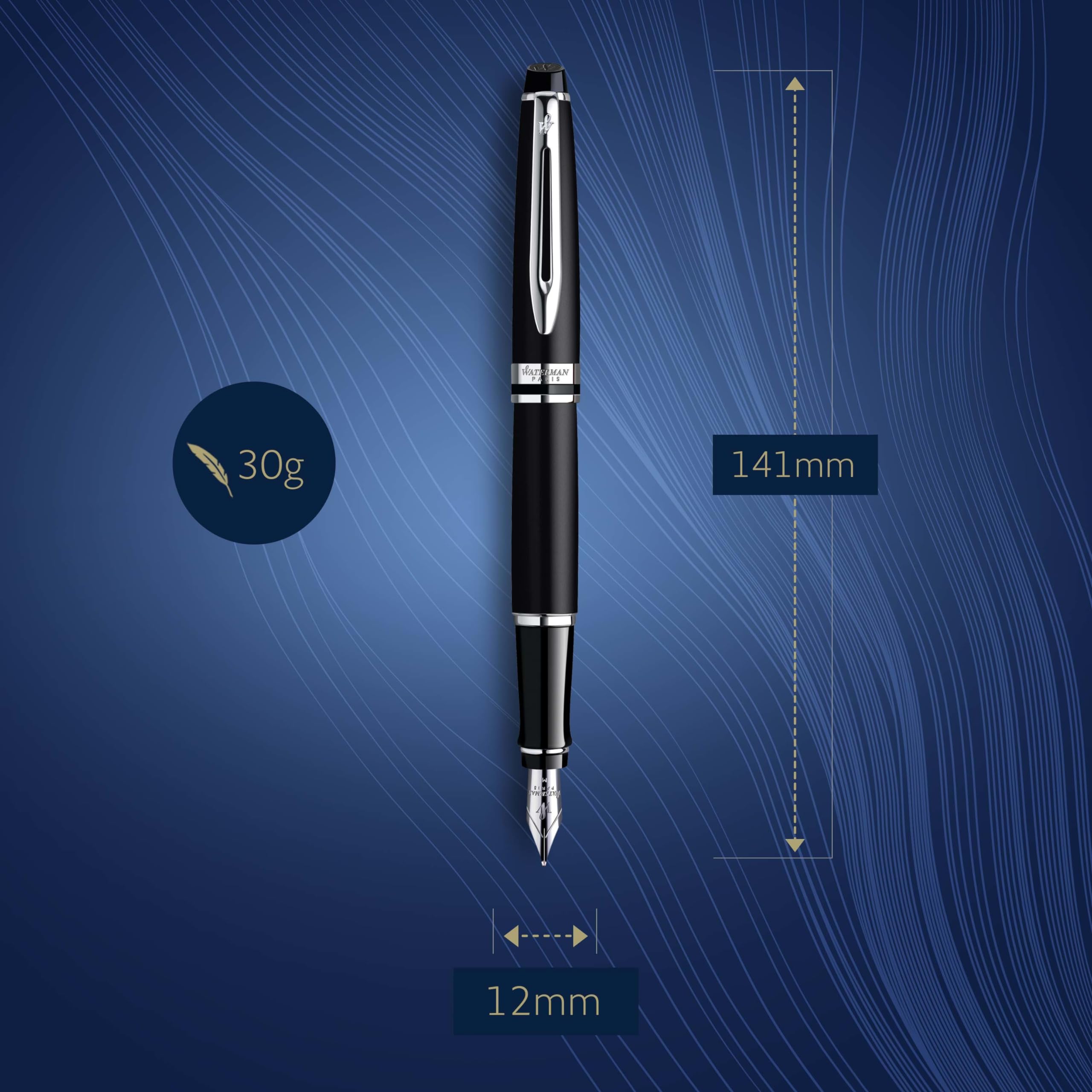 Waterman Expert Fountain Pen - Matte Black with Chrome Trim, Medium Nib & Blue Ink Cartridge - Premium Writing Instrument for Business Professionals, Calligraphy & Gift Giving