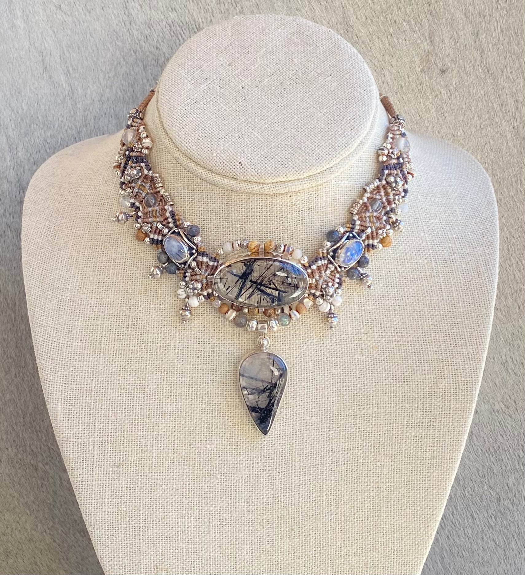 Handmade Macramé Choker Necklace with Rutile Quartz and Moonstone - Boho Chic Jewelry for Women, Perfect for Festivals, Weddings, and Everyday Wear