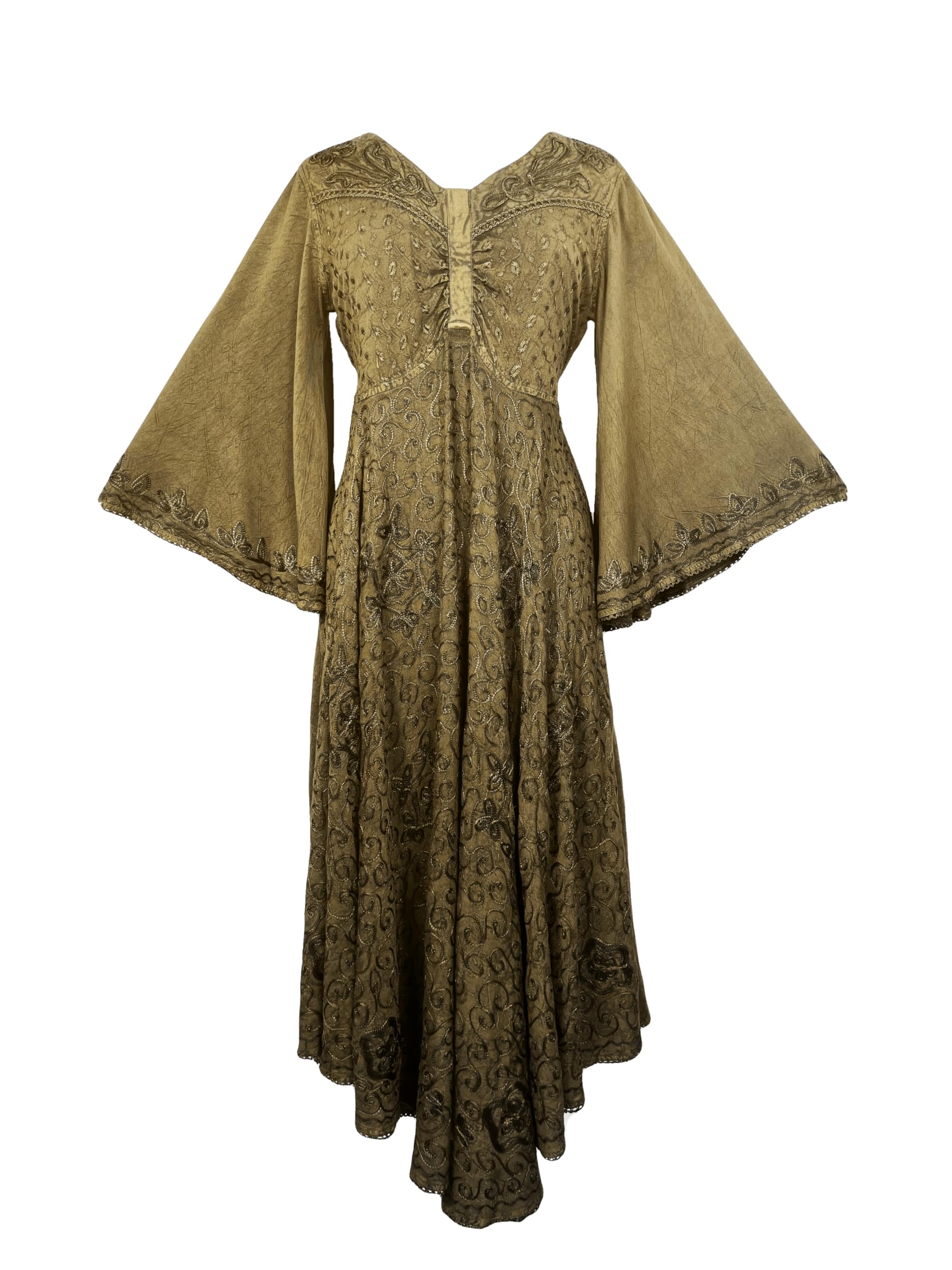 Agan Traders Women's 2025 Spring Bohemian Medieval Renaissance Embroidered Bell Sleeve Flared Calf-Length Dress Gown - Perfect for Renaissance Fairs, Weddings & Boho Fashion Events
