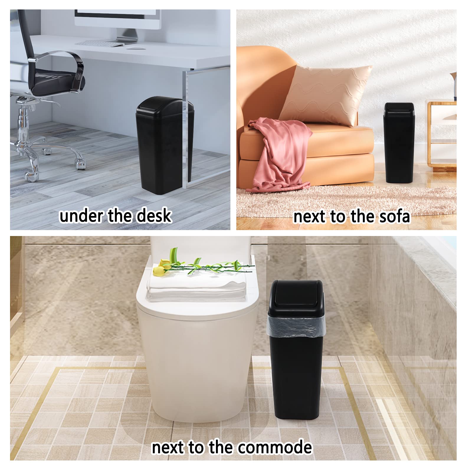 Saedy 12L Plastic Trash Can with Swing Lid - 2 Pack Small Garbage Bin for Bathroom, Kitchen, Office & Bedroom - Odor-Proof & Space-Saving Design (Black)