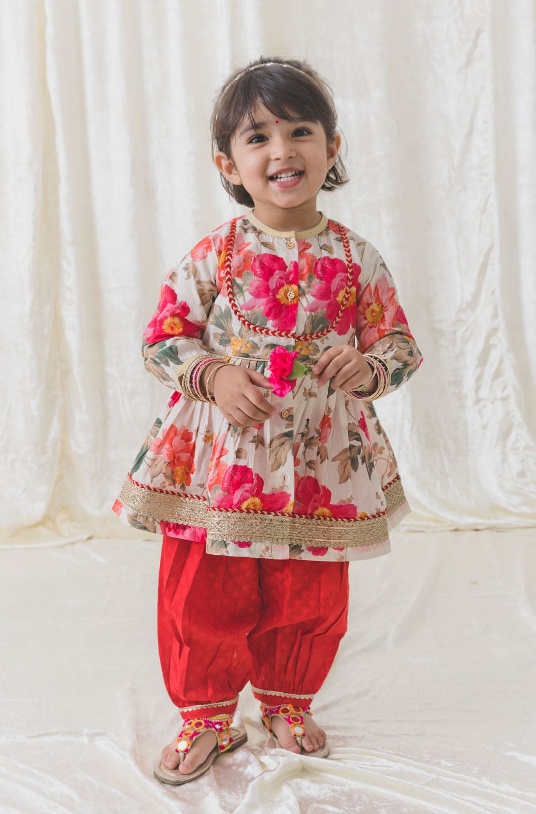 Pre Order: Baby Girls Garden Bloom Angrakha Set - Cream Floral Embroidered Dress for Toddlers | Perfect for Birthday Parties, Festivals & Special Occasions