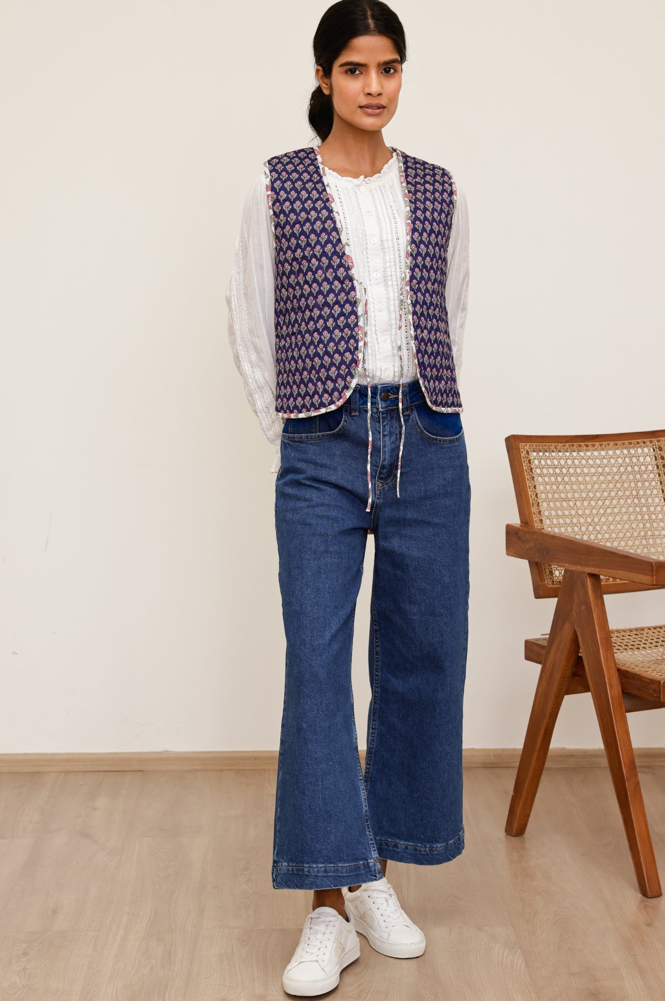 Arlo Quilted Organic Cotton Vest for Women - Primrose Stamp Navy/Pink - Lightweight Layering Piece for Spring & Fall Outfits