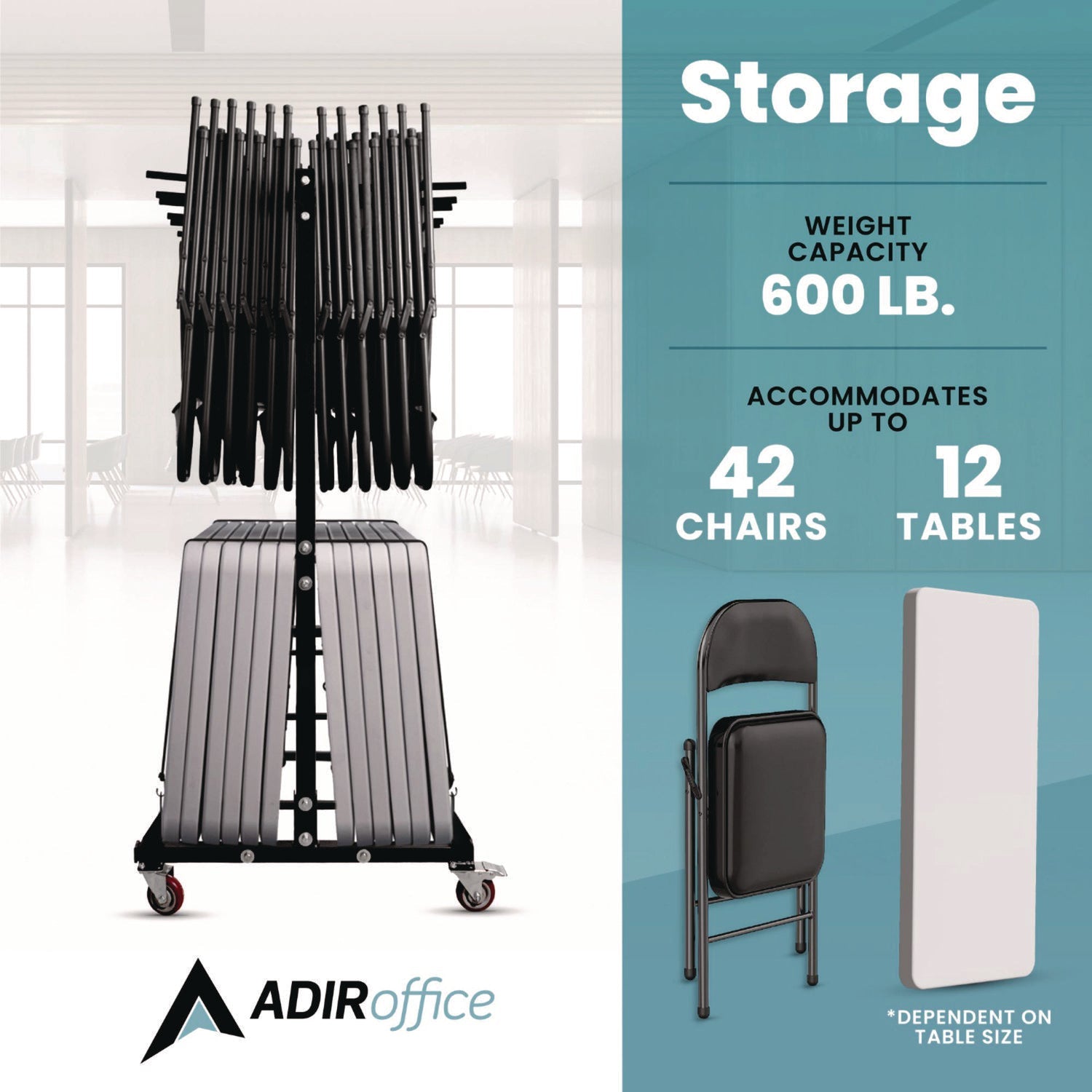 AdirOffice Heavy Duty Folding Chair and Table Combo Cart - 600 lb Capacity Metal Utility Cart with Wheels, 33.7