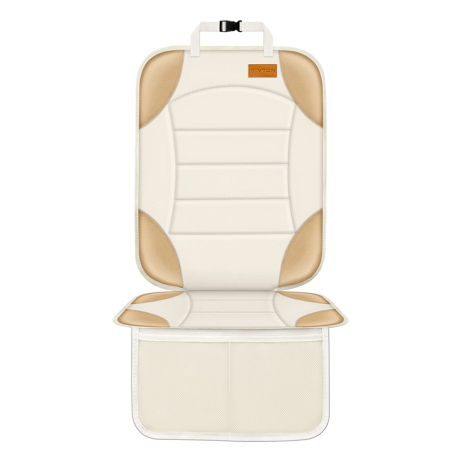 Siivton Waterproof Car Seat Protector for Child Safety Seats - 600D Fabric Cover with Non-Slip Backing & Thick Padding - Mesh Storage Pockets - Protects Leather & Fabric Car Upholstery (Off-White) - Perfect for Family Road Trips, School Runs & Daily Commutes