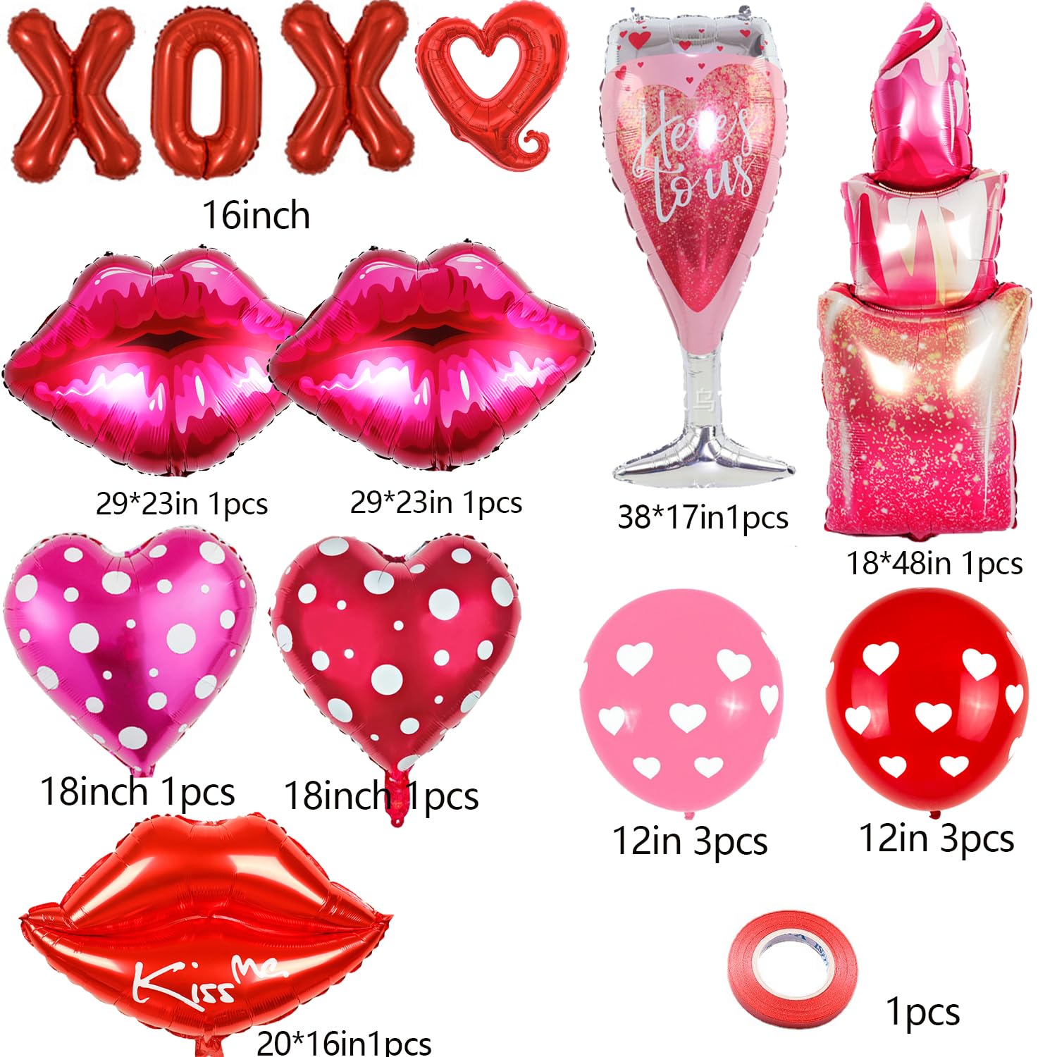Galentines Day Balloons Set - XOXO Lips & Lipstick Foil Balloons for Party Decorations | Perfect for Galentines Day Celebrations, Girls Night Out, and Bachelorette Parties