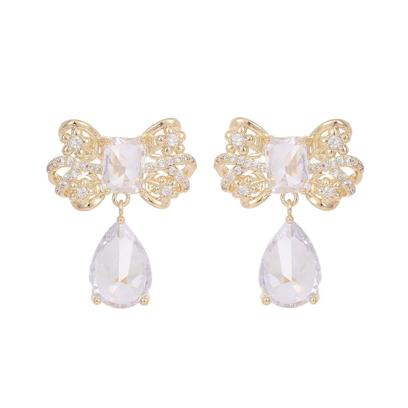 Elegant Crystal Cubic Zirconia Droplet Bow Earrings for Women - Fashion Jewelry Accessories - Perfect for Parties, Weddings & Special Occasions