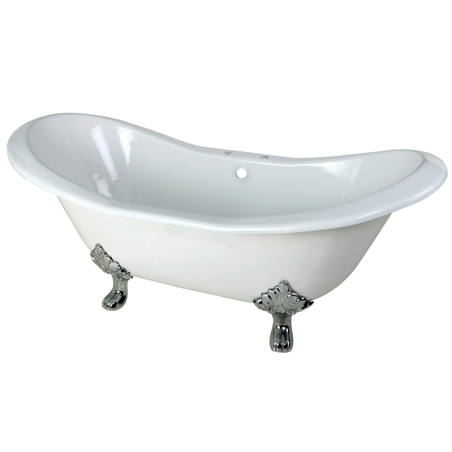 Aqua Eden 72 Inch White Cast Iron Oval Double Slipper Clawfoot Bathtub with Polished Chrome Faucet Drillings - Vintage Freestanding Soaking Tub for Luxurious Bathroom & Spa Retreat