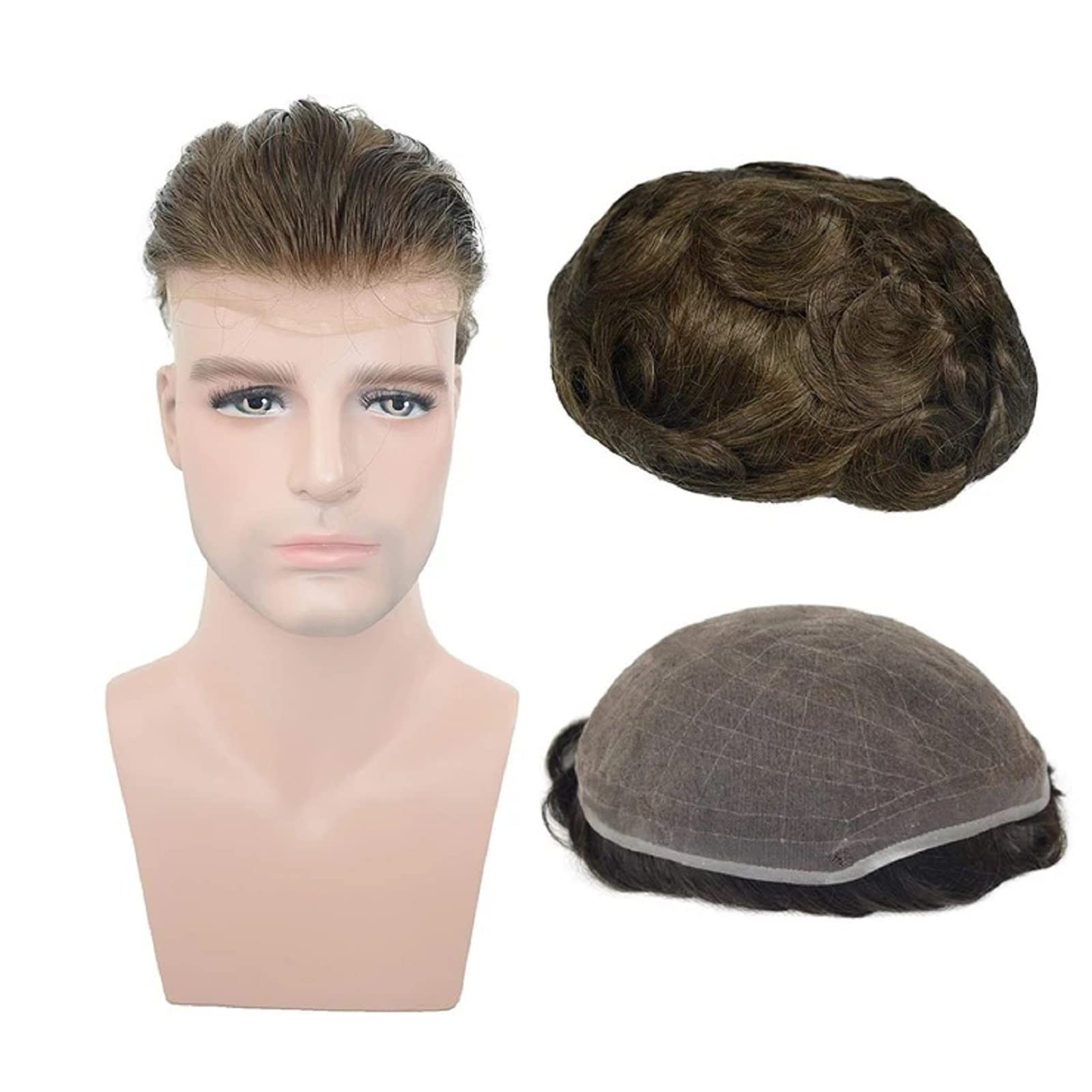 LLwear 100% European Real Human Hair Toupee for Men - 8x10 Inch Super Soft Breathable French Lace Hair Replacement System (Light Brown #4) | Natural Looking Hairpiece for Thinning Hair & Baldness Cover | Perfect for Daily Wear, Special Occasions & Professional Settings