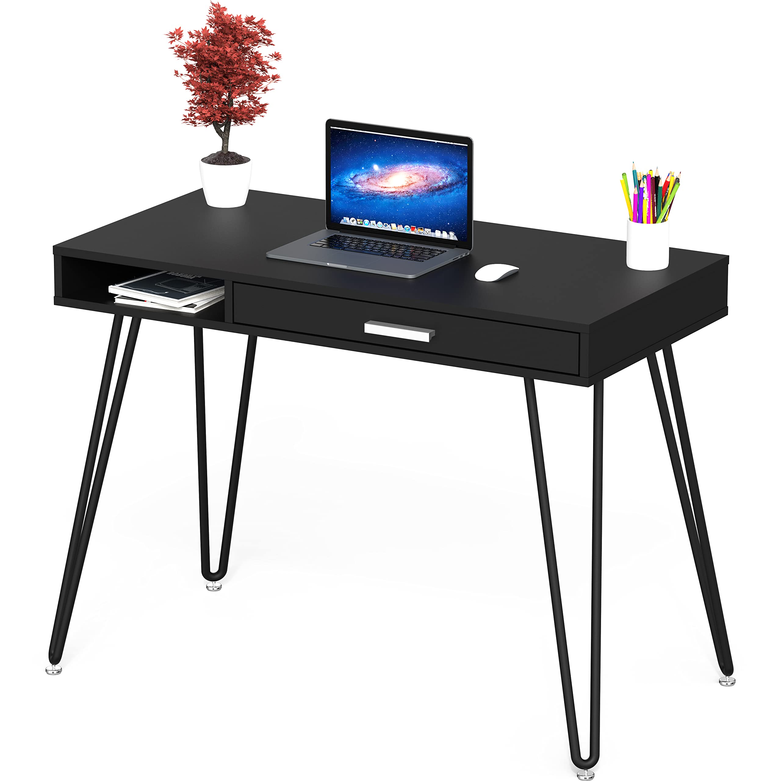 SHW Modern Home Office Computer Desk with Drawer & Hairpin Legs - Black Wooden Writing Table for Small Spaces, Work from Home, Study & Gaming (60