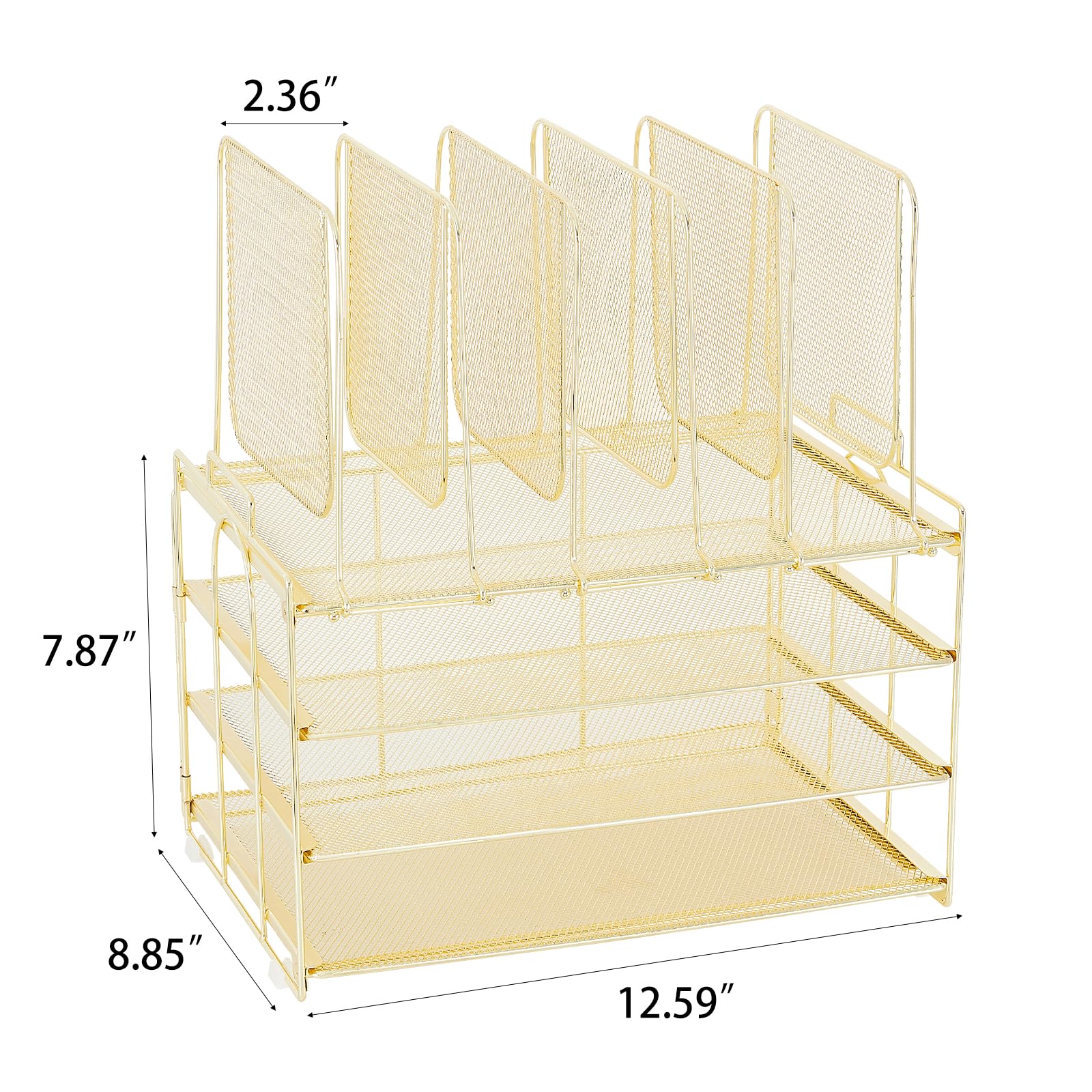 AUPSEN 3-Tier Metal Desk Organizer with 5-Section Vertical File Holder - Gold Office Supplies for Home & Workspace - Perfect for Paper Storage, Document Organization & Office Accessories Arrangement