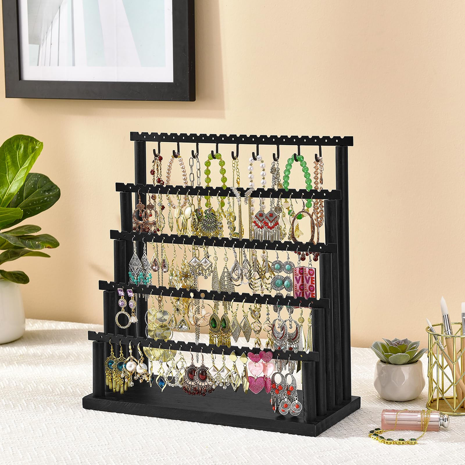 5-Tier Jewelry Organizer Stand - Earring Holder & Necklace Bracelet Display for Women | Perfect for Bedroom, Bathroom & Travel | Stylish Black Gift for Girls & Women