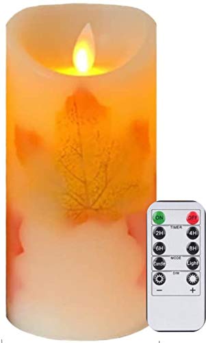 Flameless LED Candles with Remote Control & Timer - Warm White Battery Operated Pillar Candles with Dancing Flame & Moving Wick - Maple Leaf Design for Home Decor, Wedding, Christmas, Party, Relaxation
