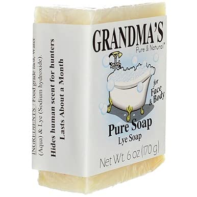 Grandma's Pure Lye Soap Bar - 6.0 oz Unscented Face & Body Wash - Natural Cleanser with No Detergents, Dyes or Fragrances - Pack of 6 (60018) - Ideal for Sensitive Skin, Eczema & Daily Gentle Cleansing