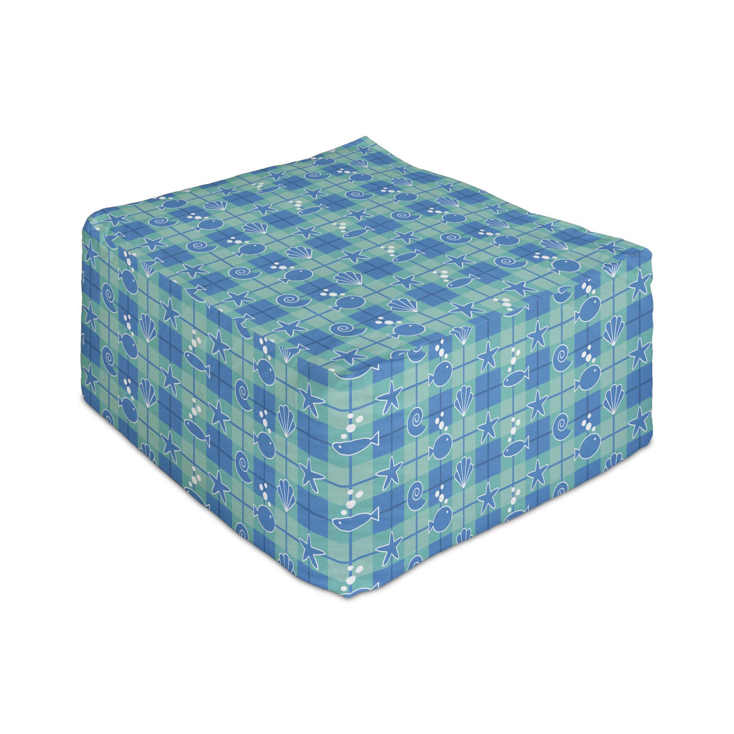 Ambesonne Sea Shells Rectangle Pouf Ottoman - Plaid Pattern with Cartoon Marine Silhouettes of Fish, Starfish & Bubbles - 25