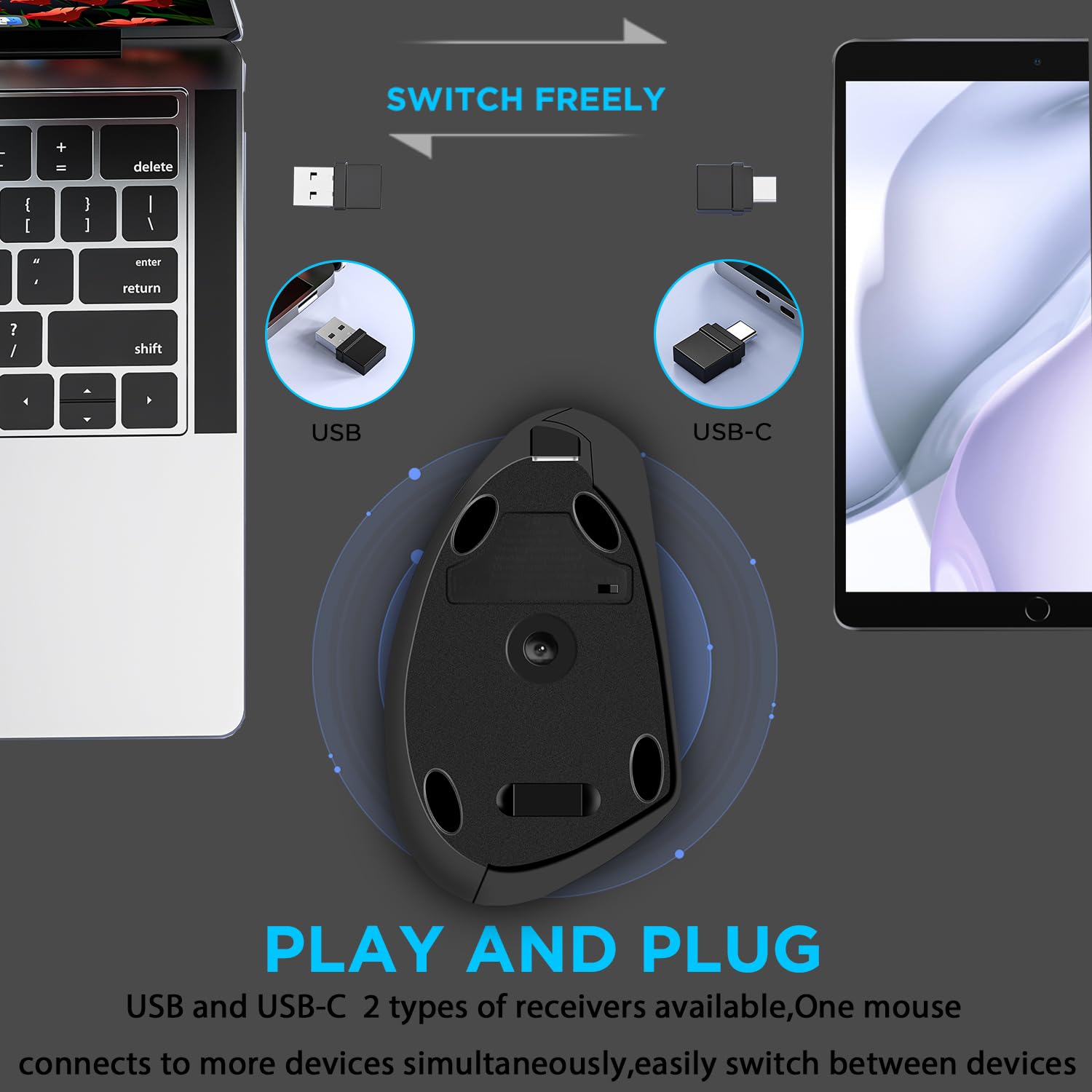 Ergonomic Wireless Bluetooth Vertical Mouse - 3 Modes (BT5.0/USB-A/USB-C), Rechargeable, 6 Buttons, 1600 DPI, 2.4G Optical - Compatible with Mac, iPad, Tablet, Laptop, PC | Perfect for Office Work, Graphic Design & Long Computer Sessions