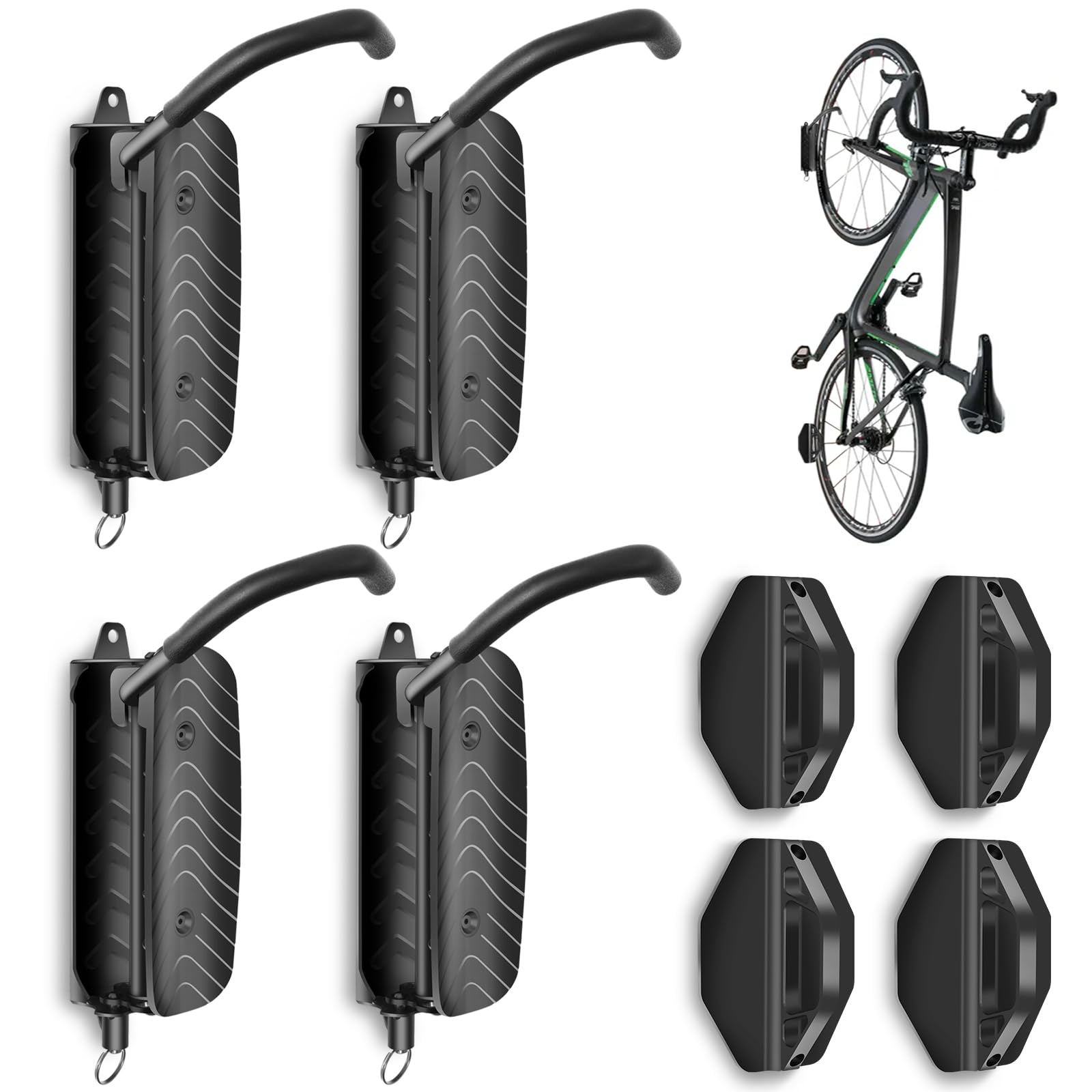 MILADO 4-Pack Heavy Duty Swivel Bike Wall Mount Rack - Space Saving Garage Bike Hooks & Hanger for Mountain, Road Bikes - Holds Up to 66lbs - Perfect for Home, Apartment & Small Space Organization