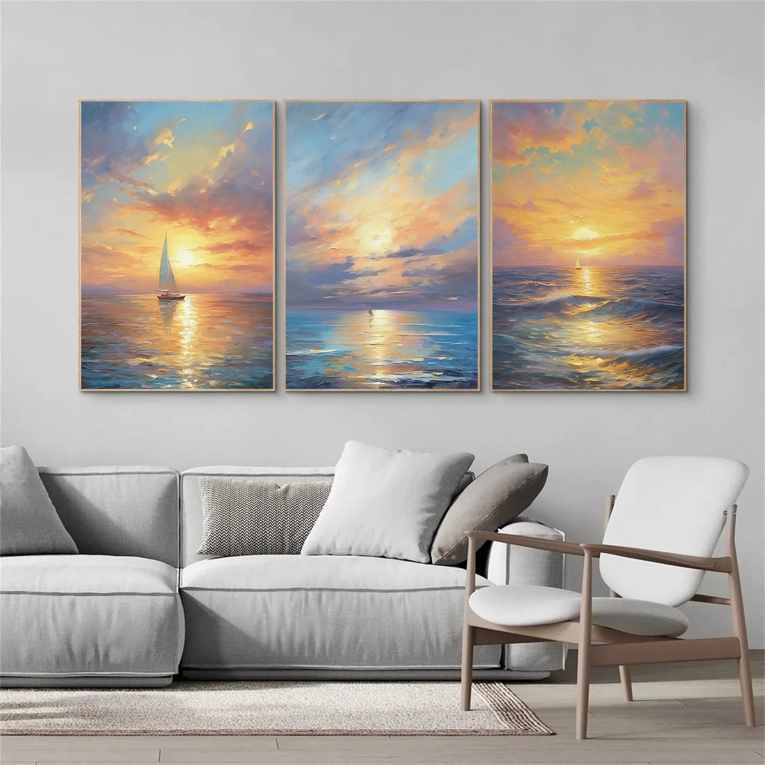 Ocean and Sky Painting Set of 3 - Coastal Wall Art Decor for Living Room, Bedroom, Office - Modern Seascape Canvas Prints (OS 215)