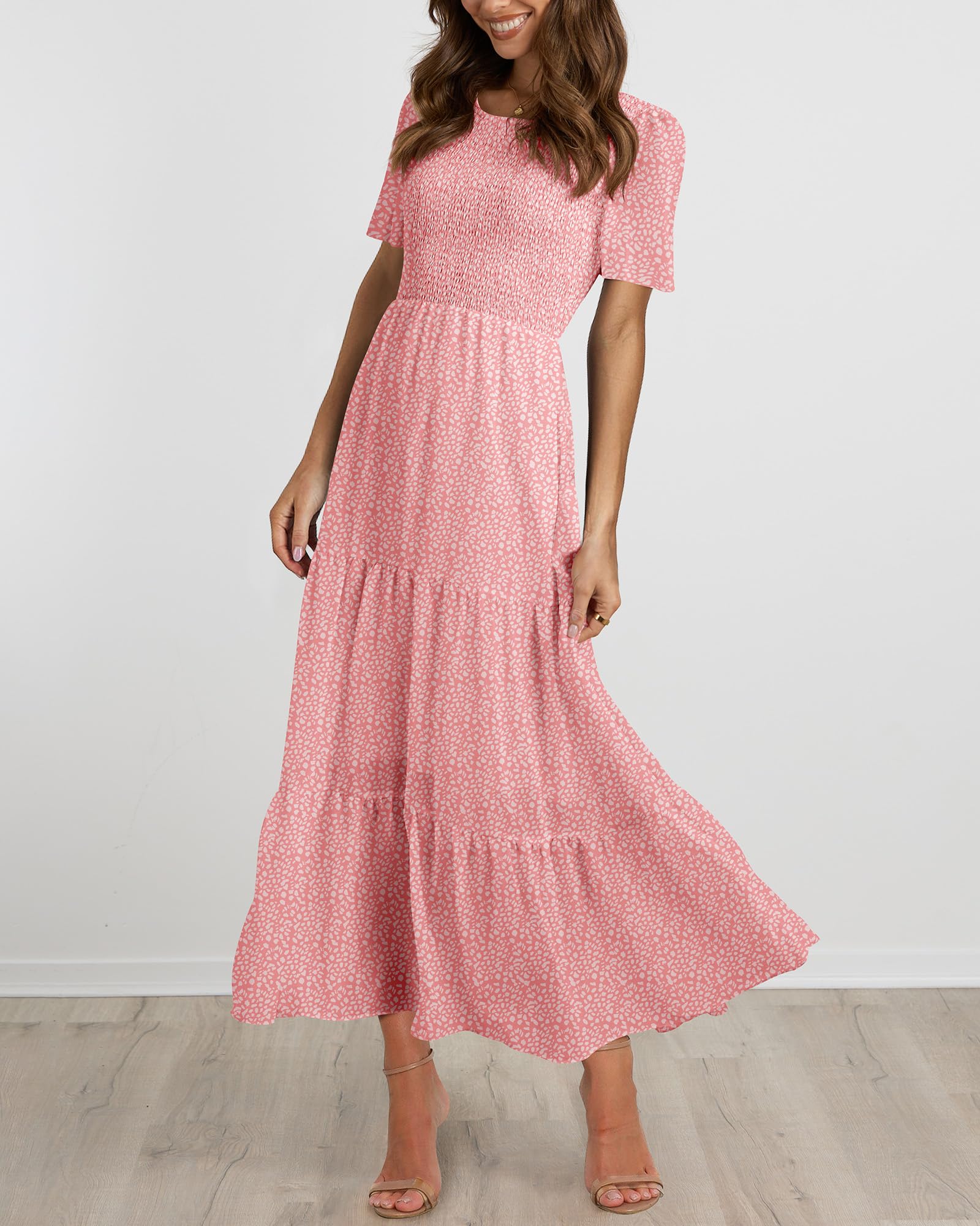 BTFBM Women's Bohemian Floral Print Short Sleeve Maxi Dress - Casual Summer Tiered Cocktail Dress with Crew Neck & Flowy Design | Perfect for Beach Vacations, Music Festivals & Date Nights