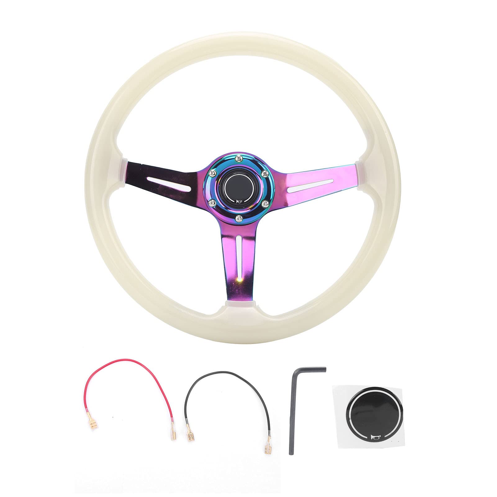 Glow in The Dark Steering Wheel - 14 Inch Acrylic & Steel Racing Wheel - Universal Fit for Cars, ATV, Kart, UTV - Day White/Night Green Luminous Design - Perfect for Night Racing, Off-Road Adventures & Drifting