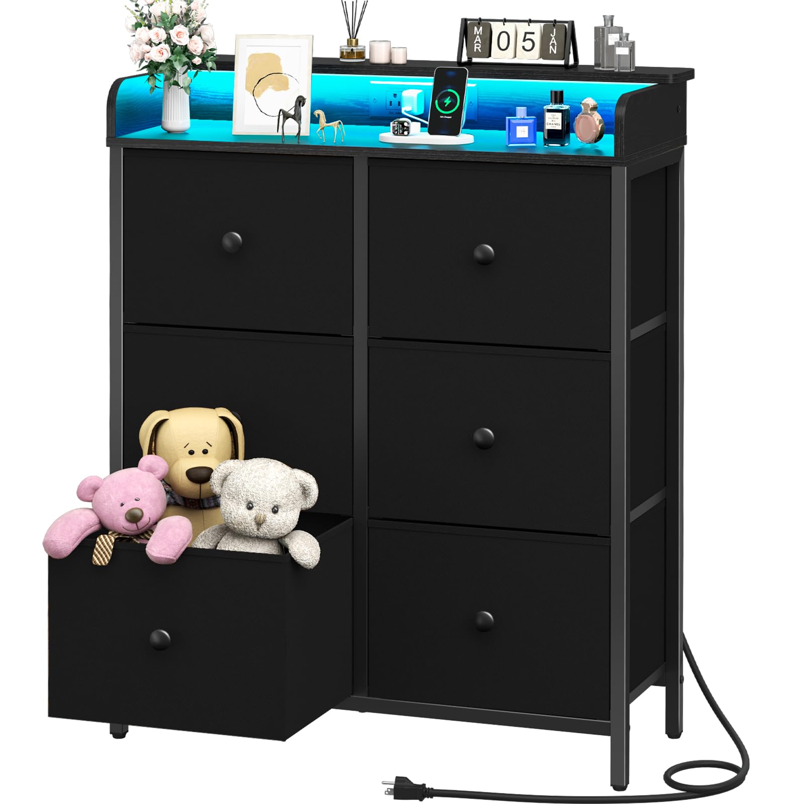 Yoobure 6-Drawer Dresser with LED Lights & USB Charging Station - Modern Fabric Storage Tower Organizer for Bedroom, Kids Room, Closet, Living Room & Hallway - Perfect for Home Organization & Nighttime Convenience