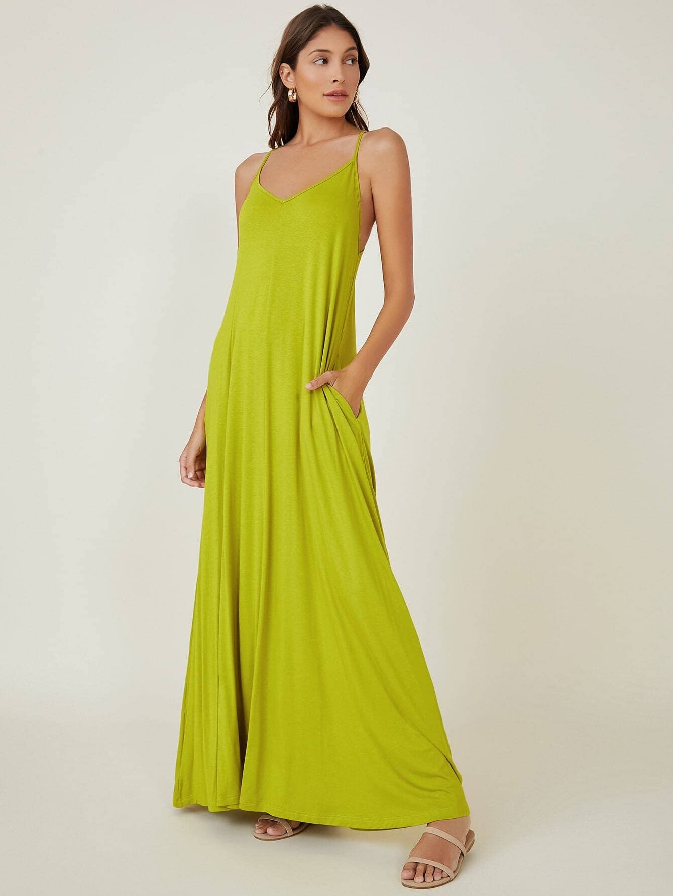 Women's Summer Cami Dress with Side Pockets - Solid Color Casual Beach Party Dress for Vacation, Outing, and Daily Wear