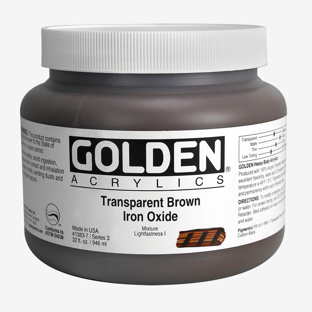 GOLDEN Heavy Body Acrylic Paint - Transparent Brown Iron Oxide 32 fl oz (946ml) Professional Artist Grade Acrylics for Canvas Painting, DIY Art Projects & Home Decor