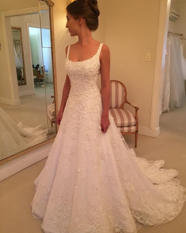 Elegant A-Line Square Neck Lace Embroidered Wedding Dress - 2019 Bridal Gown for Church Ceremony, Beach Wedding & Formal Reception