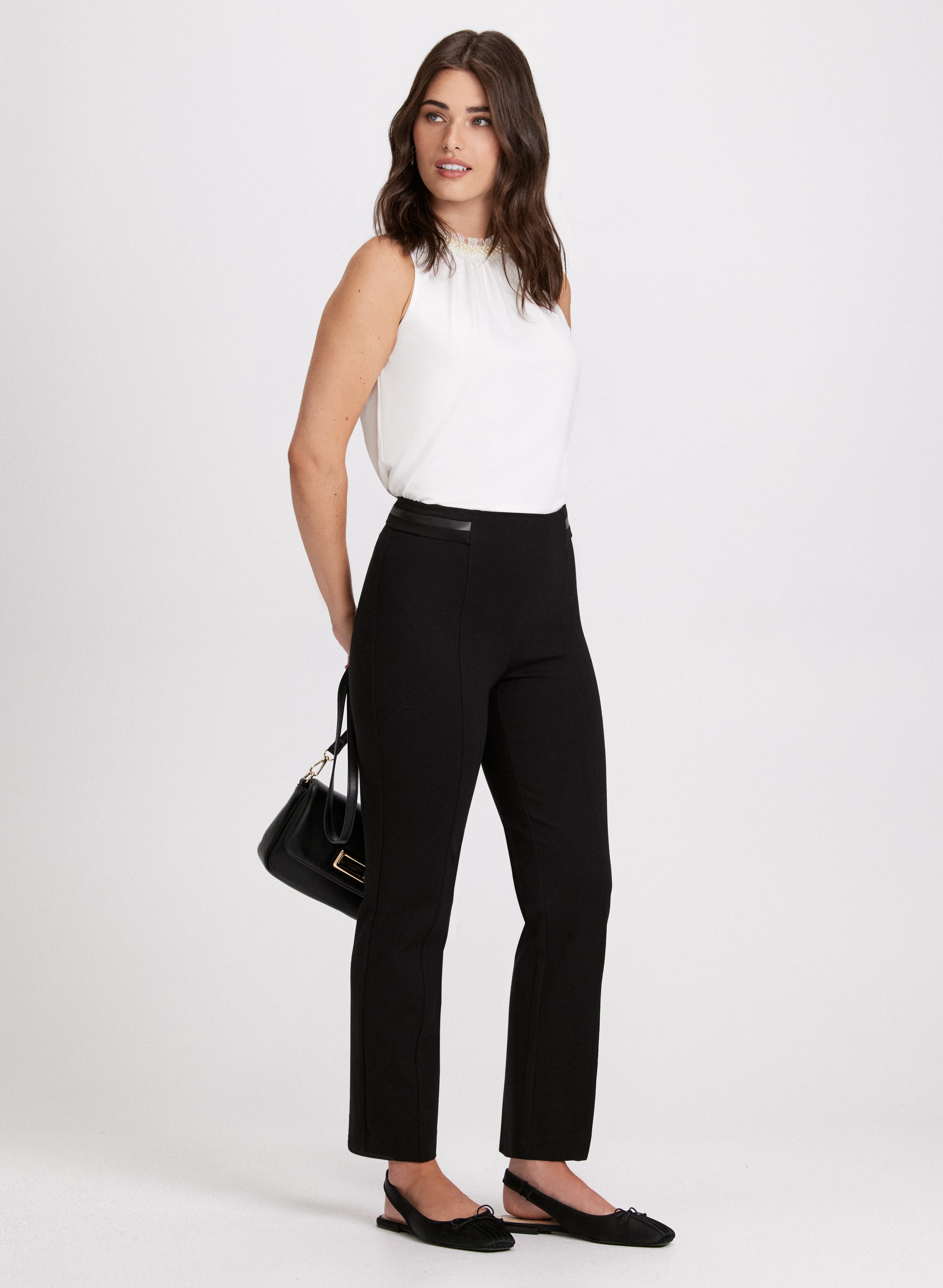 Women's Crew Neck Sleeveless Top with Vegan Leather Detail Pants Set - Casual Summer Outfit for Streetwear & Date Night
