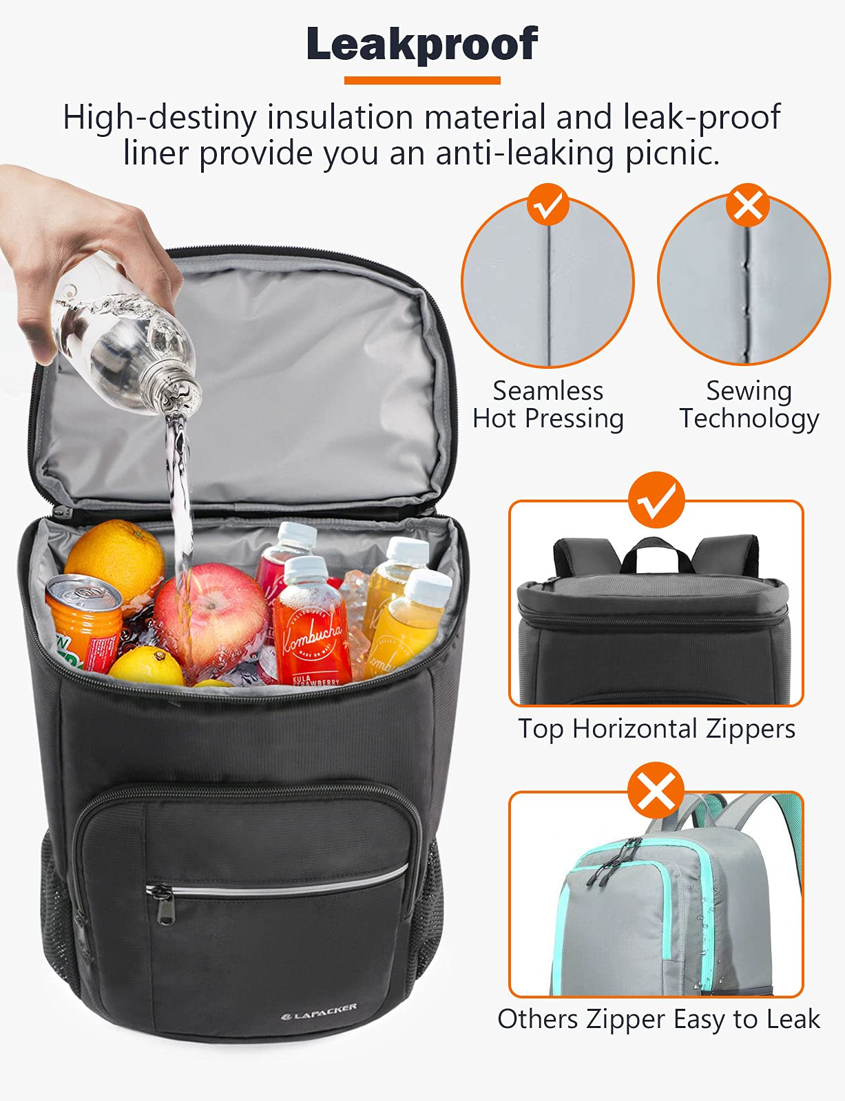Leakproof Cooler Backpack for Men & Women - 15.6 Quart Insulated Lunch Bag, Black Nylon Backpack for Picnic, Hiking, Camping & Beach