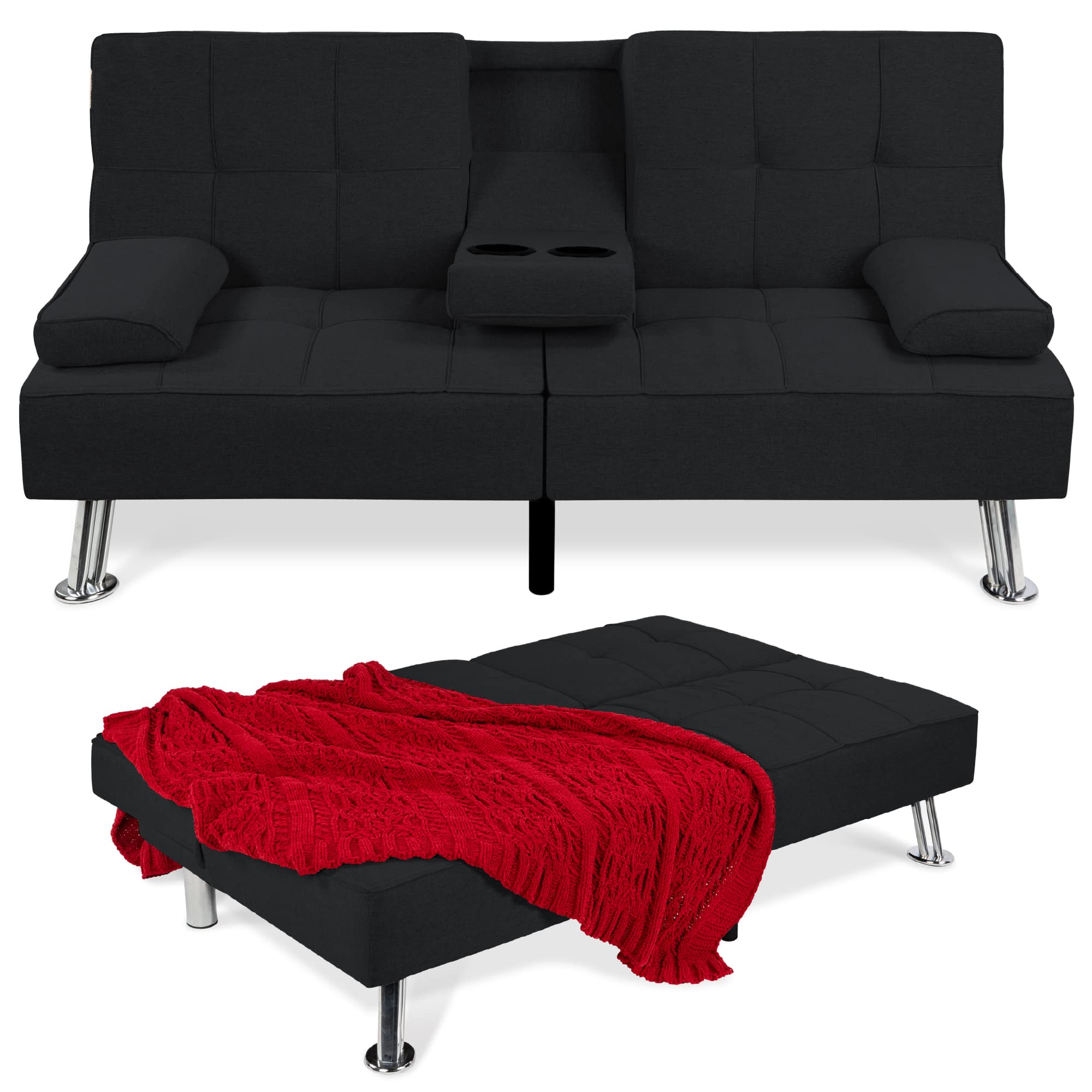 Best Choice Products Modern Folding Futon Sofa Bed - Convertible Linen Recliner for Small Spaces, Apartments & Dorms with Removable Armrests & 2 Cup Holders - Black | Space-Saving Sleeper Solution for Living Rooms, Guest Rooms & Studio Apartments