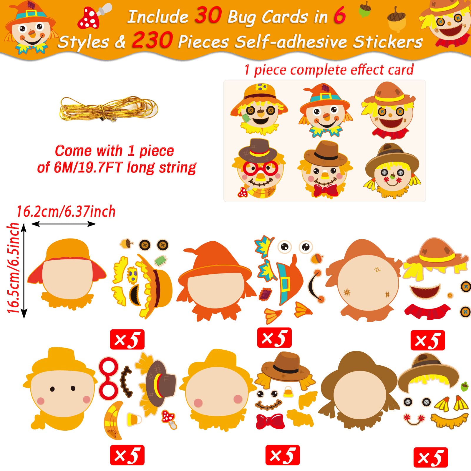 30 Pcs Thanksgiving Fall Craft Kit for Kids - DIY Scarecrow Head Making Set, Autumn Art Supplies for Kindergarten Preschool Classroom, Home School Activities, Party Favors & Holiday Decor