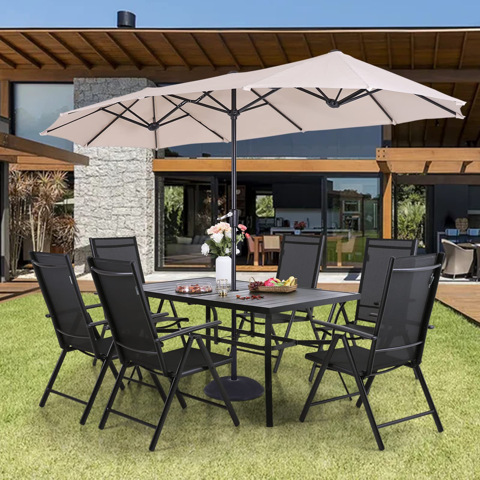 Sophia & William 7-Piece Outdoor Dining Set with 13ft Beige Umbrella - Folding Metal Patio Table & 6 Sling Chairs for Backyard, Garden, Poolside or Deck - Black Rectangular Furniture Set