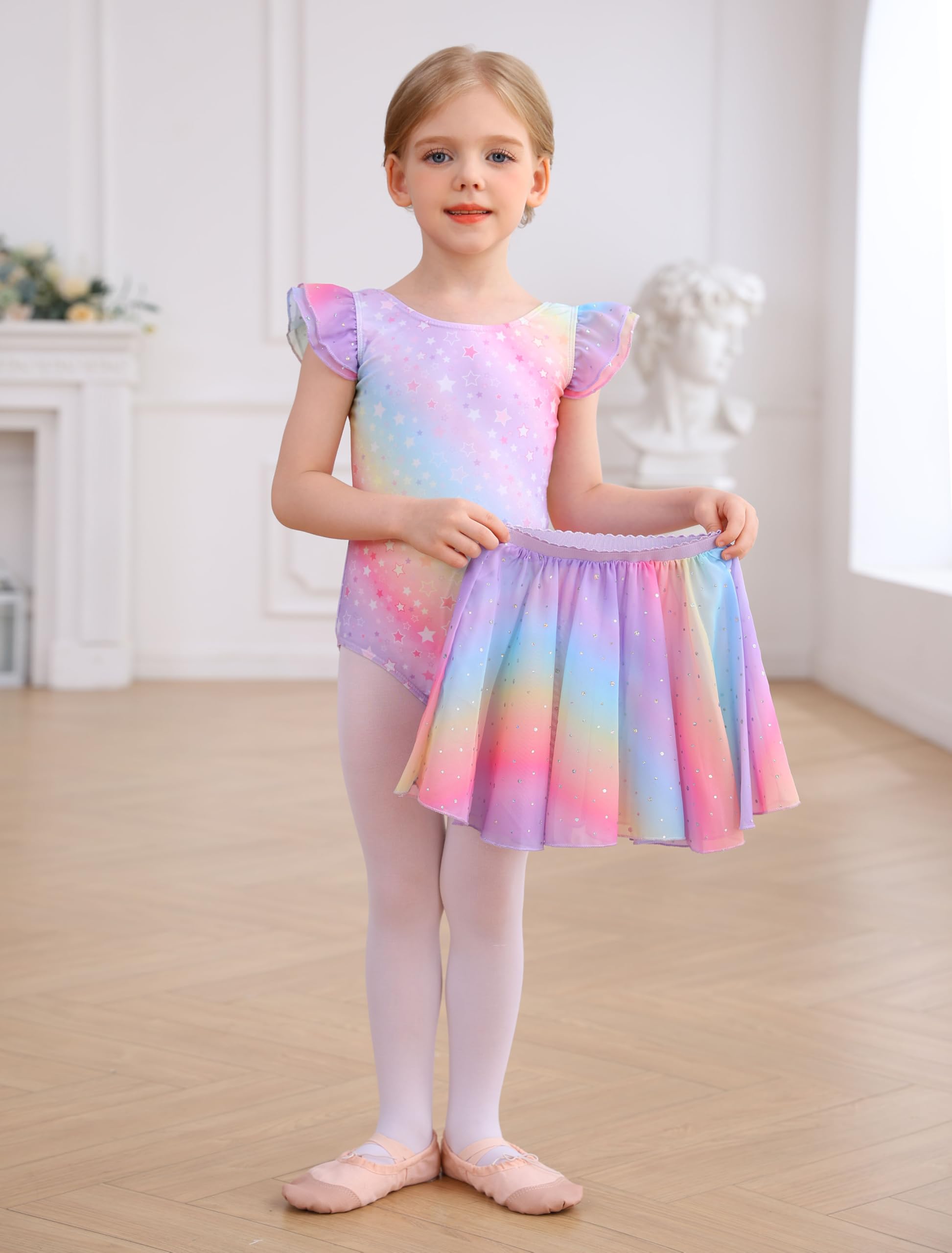 Toddler Girls Ballet Leotard with Swallowtail Tutu Skirt & Flutter Sleeves - MDNMD Dance Dress for Ballet Class, Recital, and Performance