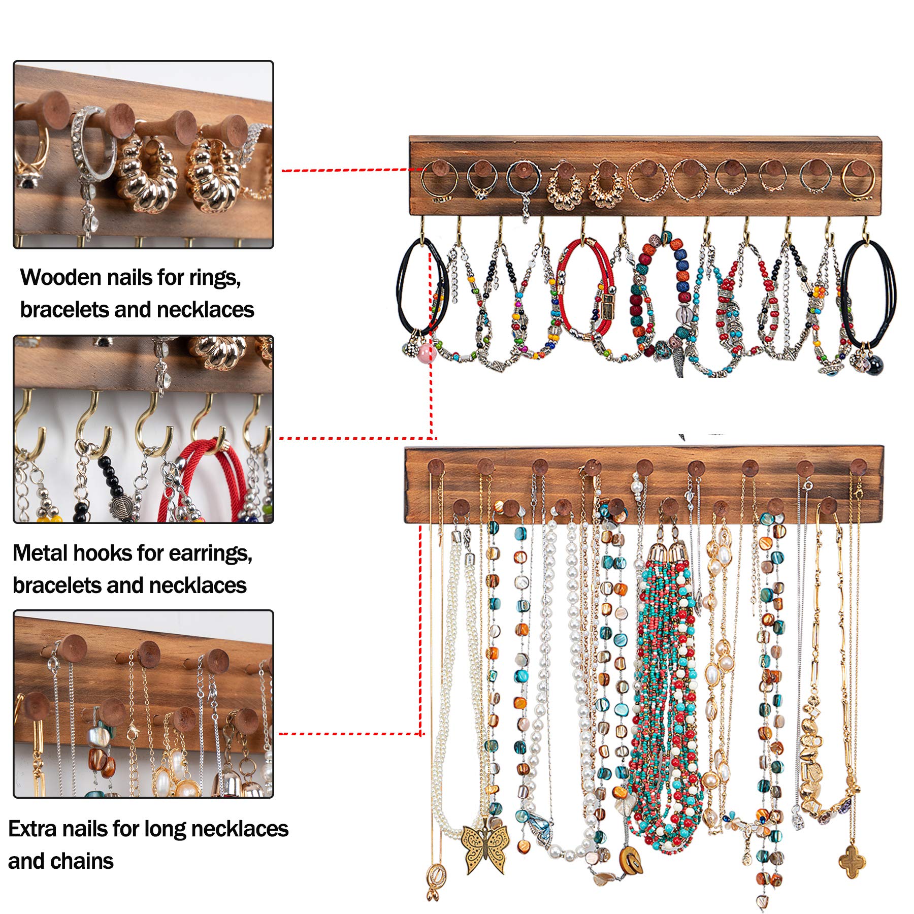 QILICHZ 3-Piece Wooden Wall Mounted Jewelry Organizer Set - Rustic Hanging Earring Holder & Necklace Display for Bedroom, Bathroom, and Closet Storage