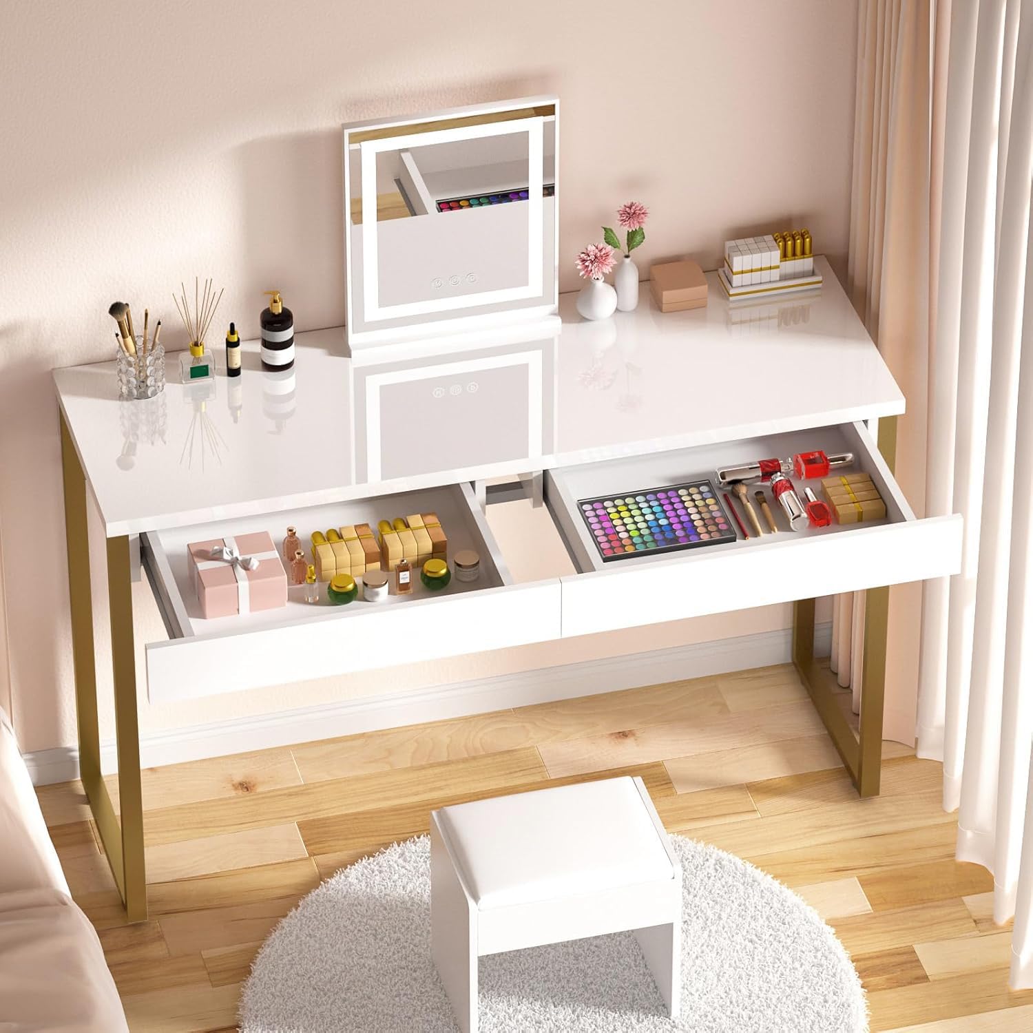 GreenForest 47-inch White Vanity Desk with 2 Drawers & Glossy Top - Gold Metal Legs Makeup Dressing Table for Small Spaces, Easy Clean Home Office & Bedroom Furniture - Perfect for Cosmetics Storage, Workstation & Beauty Routine