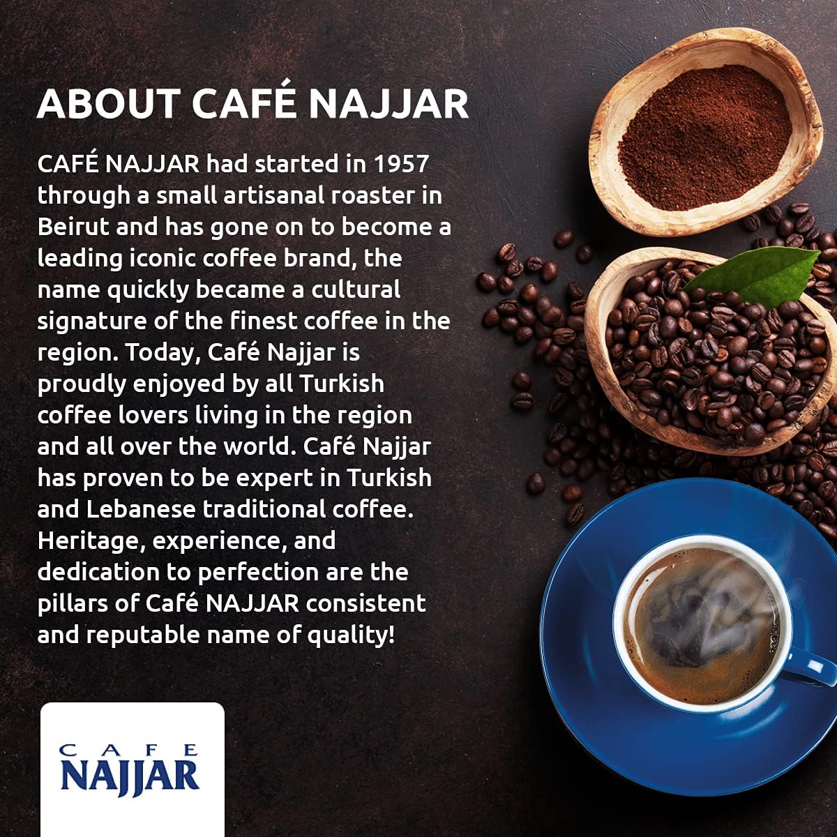 Premium Café Najjar Turkish Coffee - 100% Arabica Ground Coffee Beans, Dark Roast Lebanese Arabic Coffee for Authentic Brew | Perfect for Turkish Coffee Pots & Traditional Brewing | Enjoy Rich Flavor at Home or Office (1 Pound)