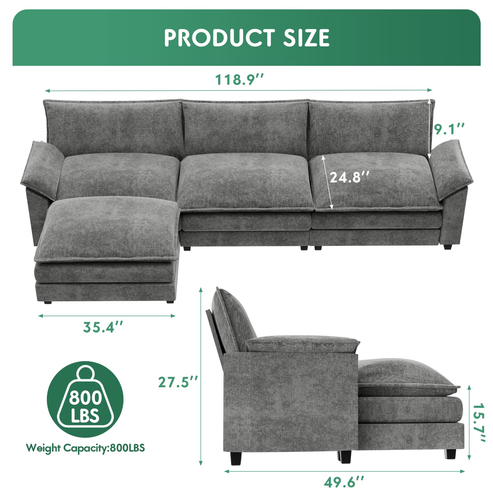 **YESHOMY Modular Sectional Sofa L-Shaped Chenille Fabric Couch with High-Support Cushions & Removable Ottoman – Comfortable Sleeper Sofa for Living Room, Apartment, or Small Space – Grey**    *(Use Case: Perfect for cozy movie nights, family gatherings, or as a stylish space-saving solution in apartments, lofts, and small living rooms.)*