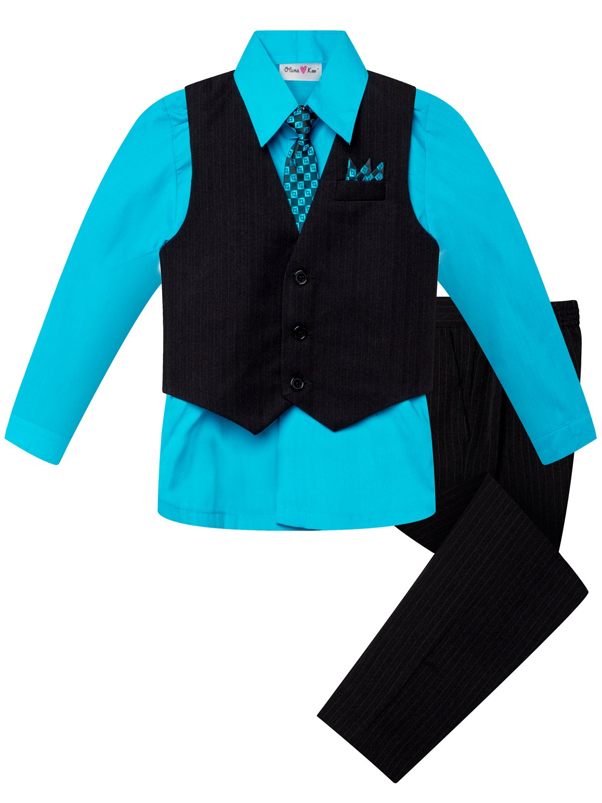 OLIVIA KOO Boys' 4-Piece Pinstripe Vest Suit Set | Formal Outfit for Baby to Big Boys (Size S-20) | Wedding, Birthday Party & Special Occasion Wear