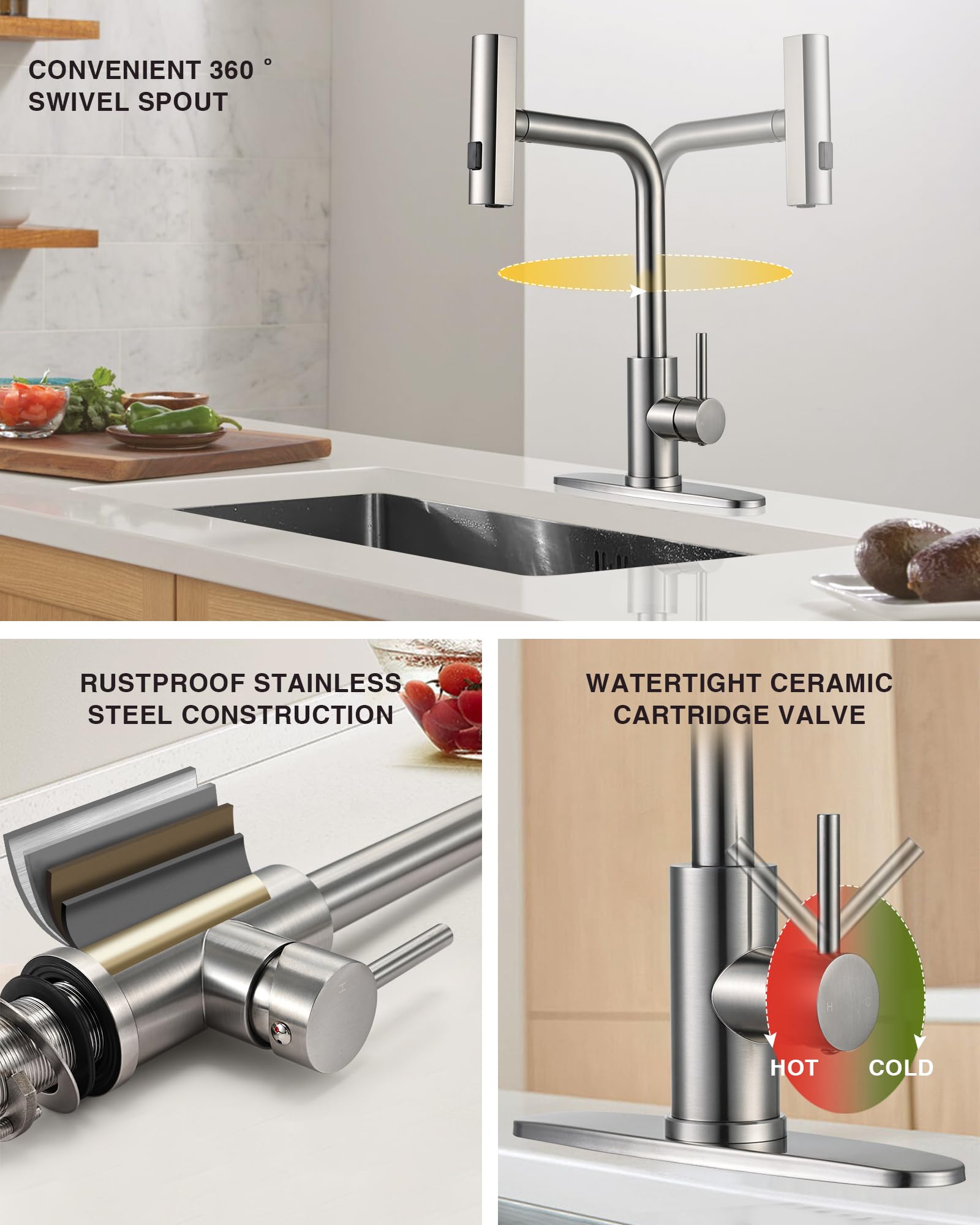 Peppermint Waterfall Kitchen Faucet with Pull Down Sprayer - Single Handle Stainless Steel Sink Faucet - 3 Function Brushed Nickel RV Faucet for Kitchen & RV Use - Perfect for Modern Homes & Campers
