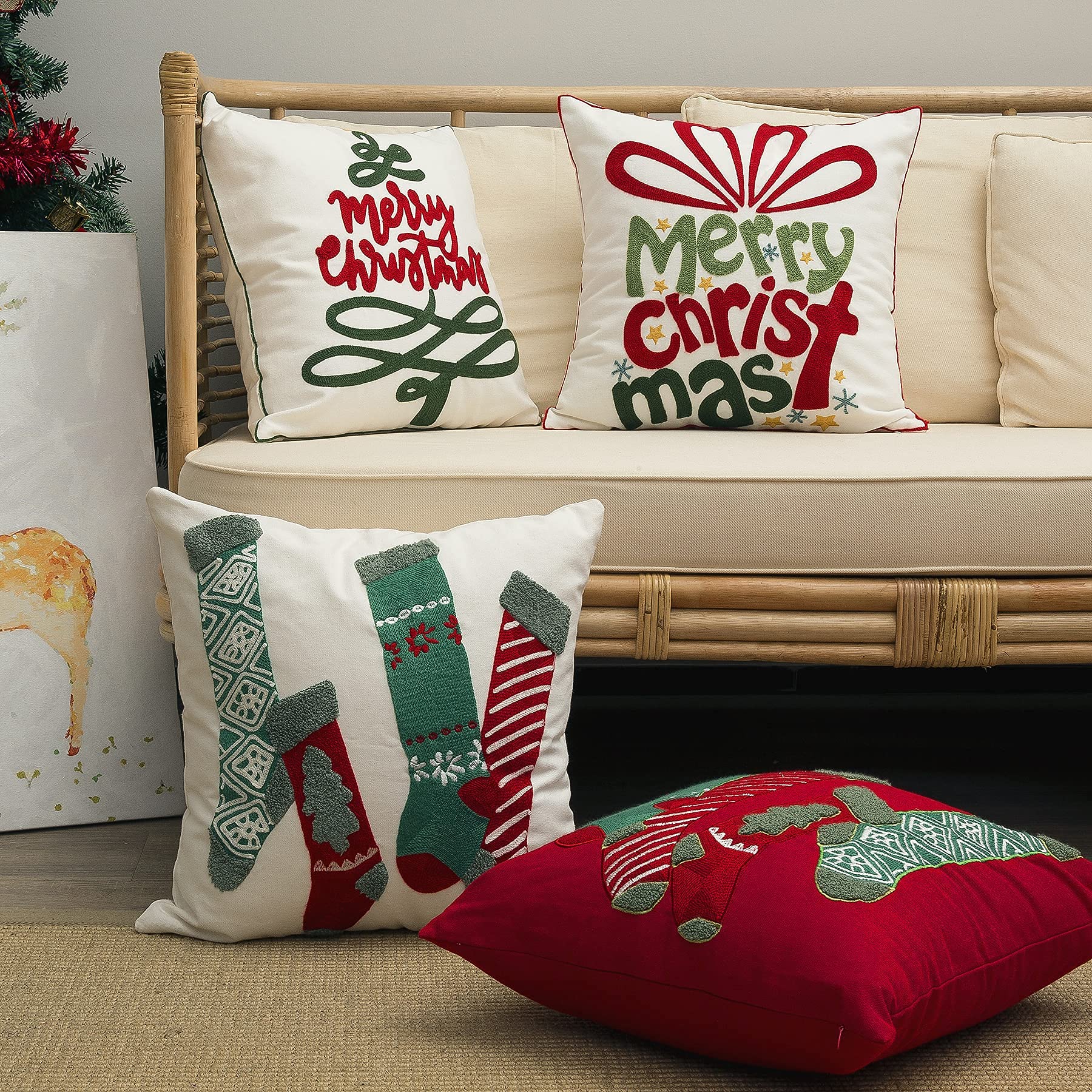 Festive Christmas Pillow Cover Set of 2 - 18x18 Inch Embroidered Cotton Linen Holiday Cushion Covers for Sofa, Living Room - Perfect for Xmas Decor, Winter Home Accents & Cozy Seasonal Styling